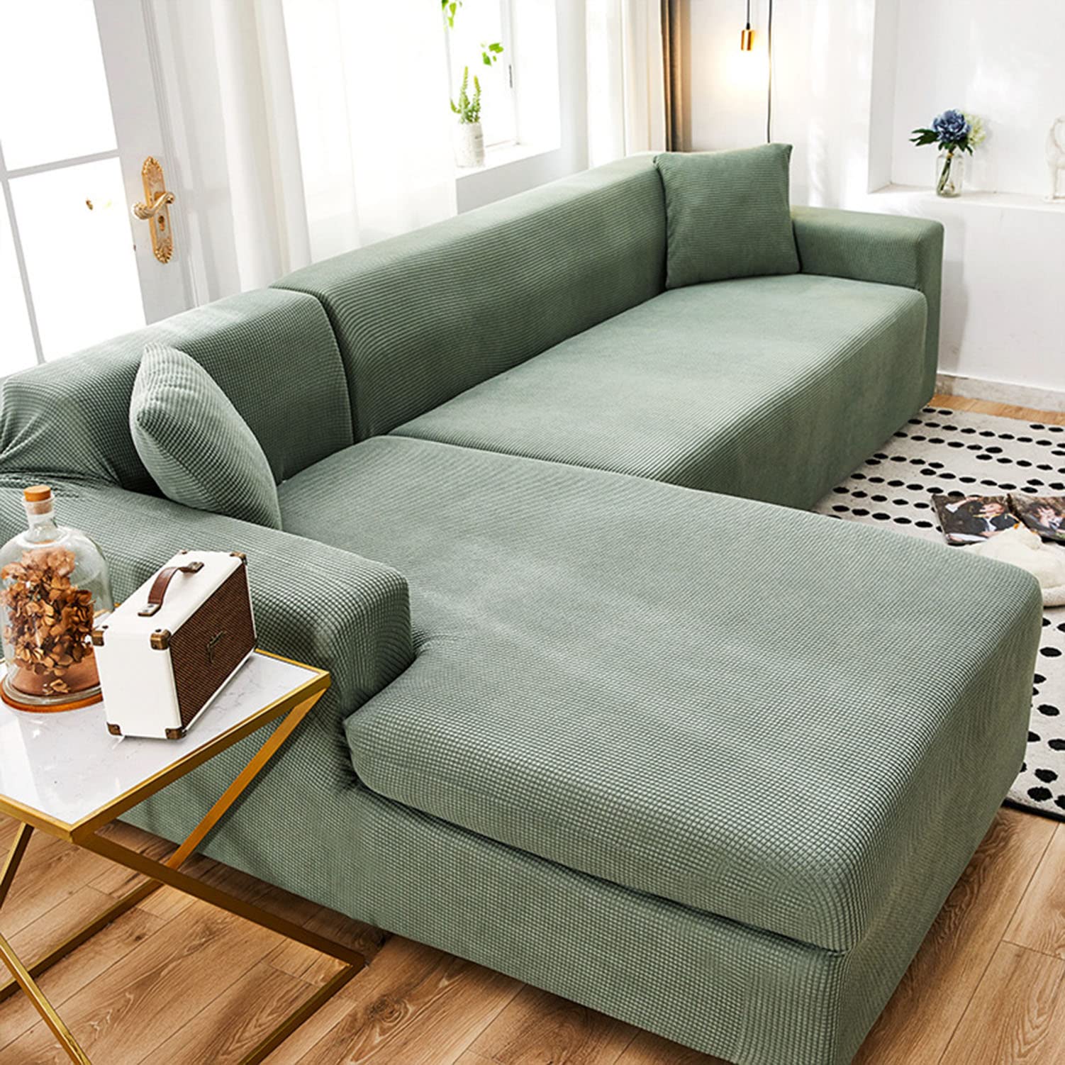 Housse de canapé en L extensible jacquard vert pour masquer l'usure 2 places