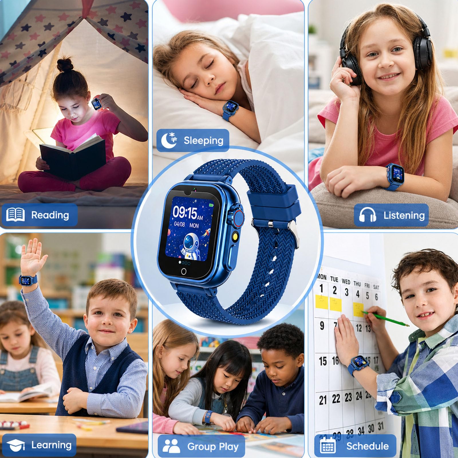 Orologio intelligente per bambini per ragazze e ragazzi dai 4 ai 10 anni, blu | 26 giochi integrati, touch screen HD, videocamera, lettore musicale, allarme