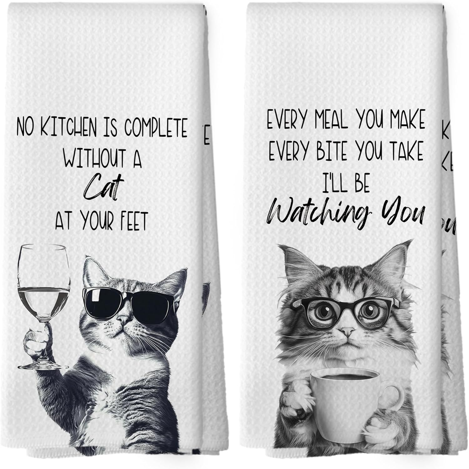 Funny Cat Kitchen Towels Set of 2, Cat Kitchen Accessories, Coffee Station Wine Bar Decor, Black and White Cats Owner Gift Hand Towel, Dining Room Decorative Tea Towel Dish Towels 16x24 Inch