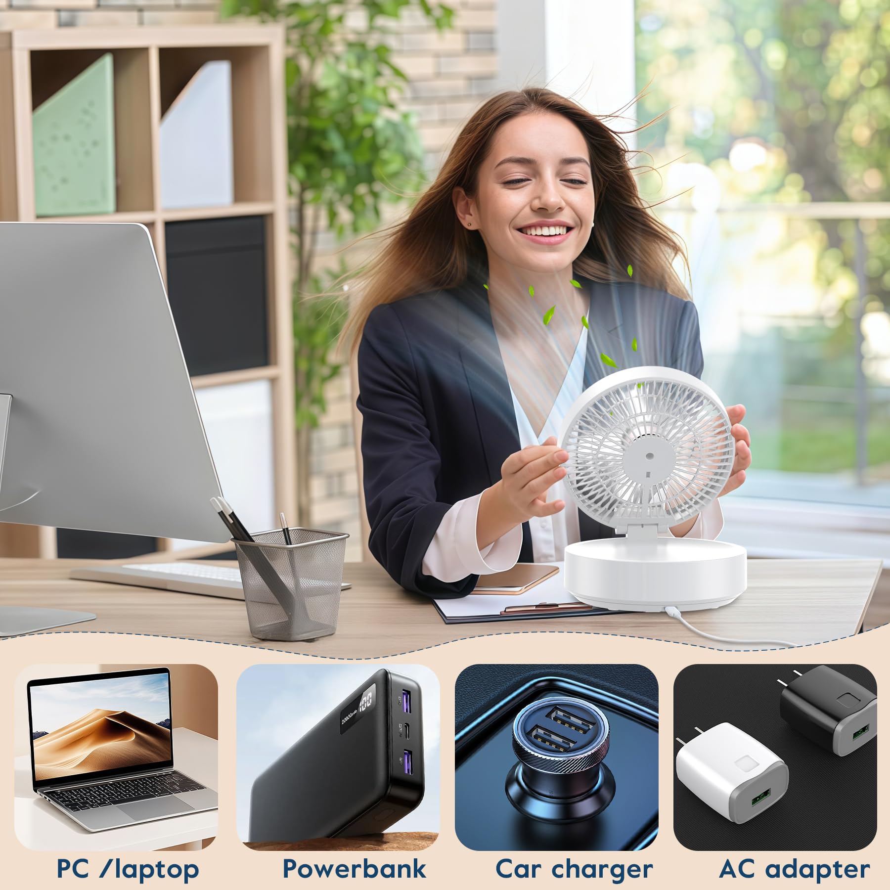 Leise USB Klein Ventilator, Tischventilator Sehr Leise und Starkem Luftstrom, Tragbarer Akku Batterie Ventilator mit LED Licht, Fernbedienung, Timer, Drehbarer, 3 Geschwindigkeiten für Büro, Camping