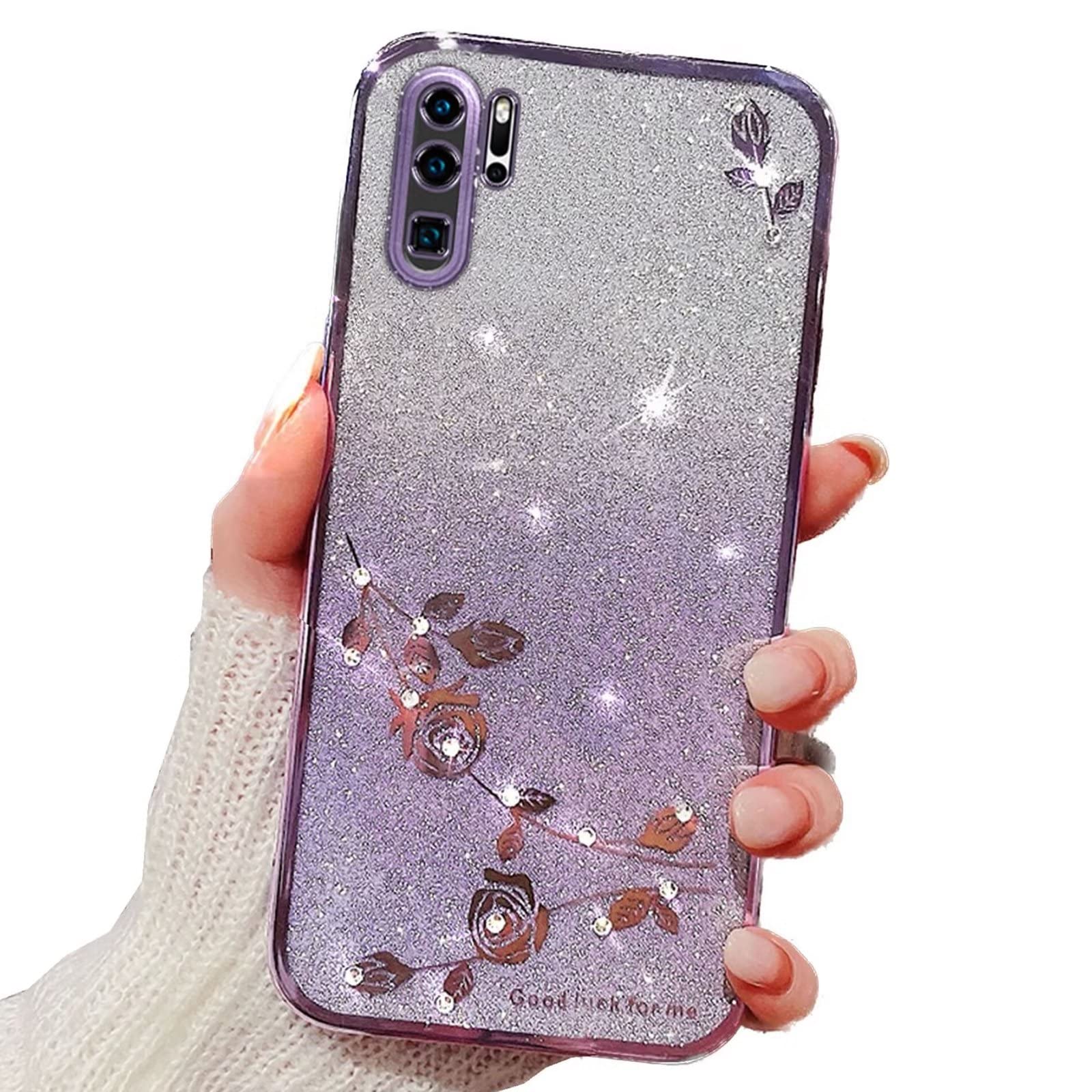 Hülle Für Huawei P30 Pro – Transparent Mit Glitzer, Blumen, Dünnes Silikon-Case, Stoßfest (Farbe: Lila)