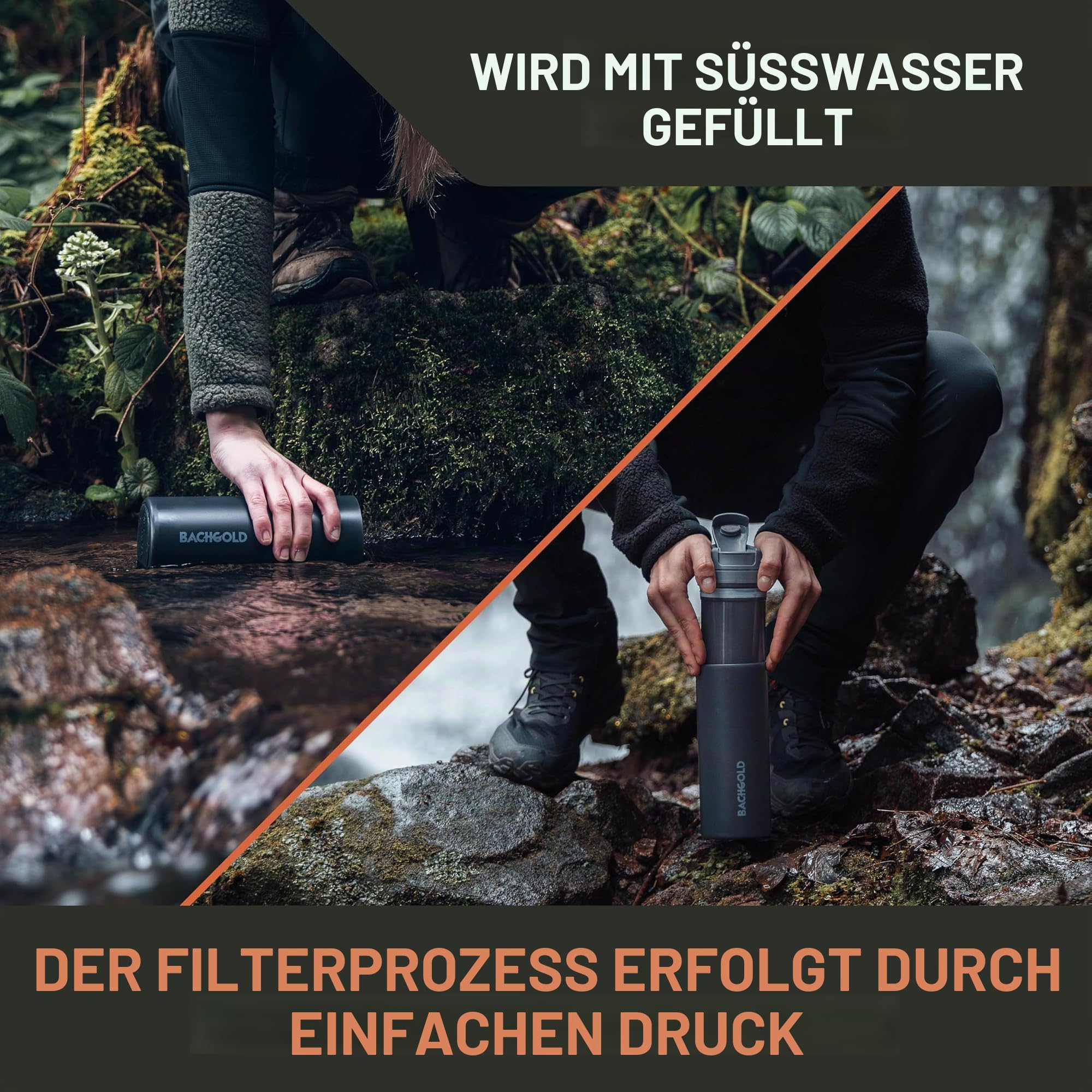 Bachgold® Outdoor Wasserfilter Set – Profi Filterflasche 500ml & Squeeze Filter 1000ml – Entfernt 99,99% Bakterien, Viren & Mikroplastik, Perfekt für Camping, Wandern, Survival & Notfälle