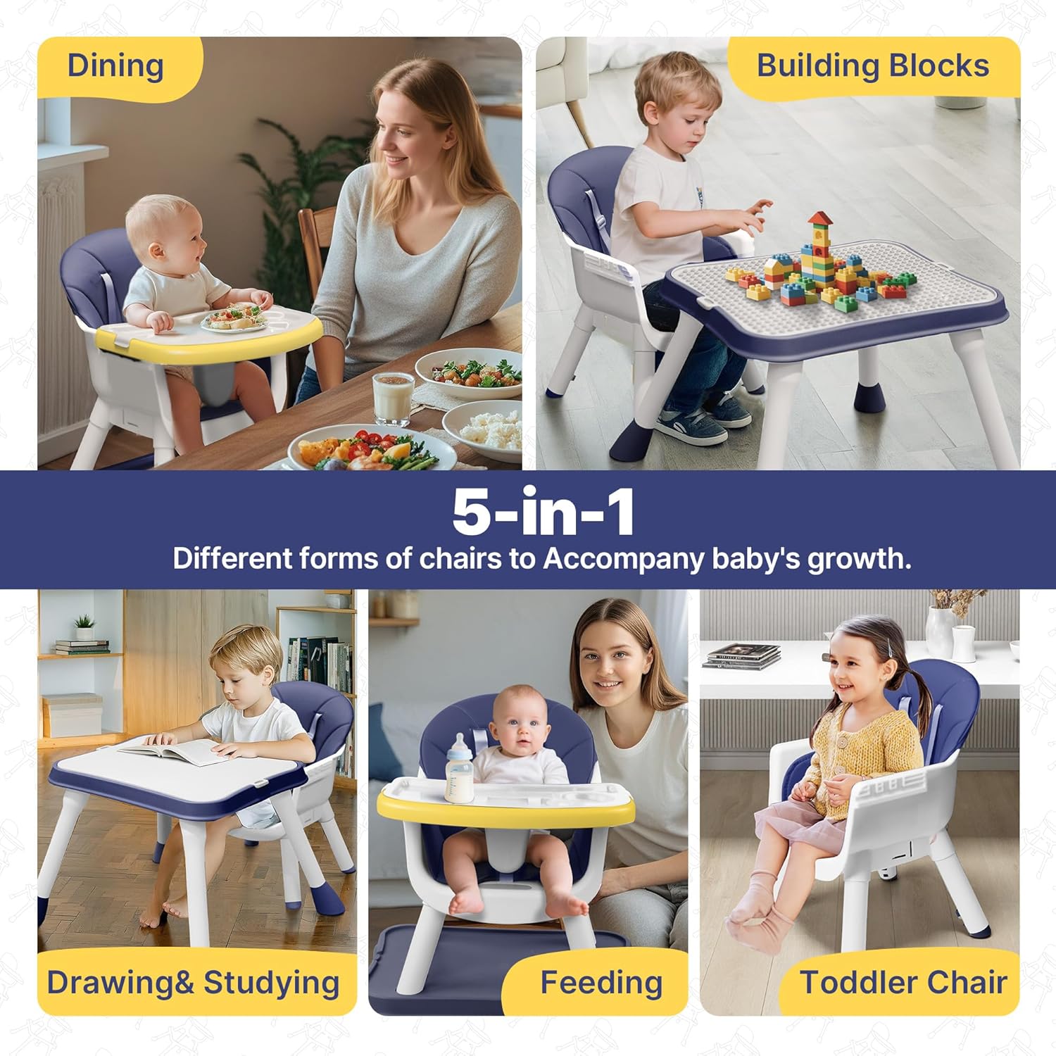 5 in 1 Baby High Chair, Toddler Chair with Removable Tray, Convertible High Chairs for Babies and Toddlers, Kids Learning Table, Building Block Table, Dining Booster Seat with Safety Harness, Blue