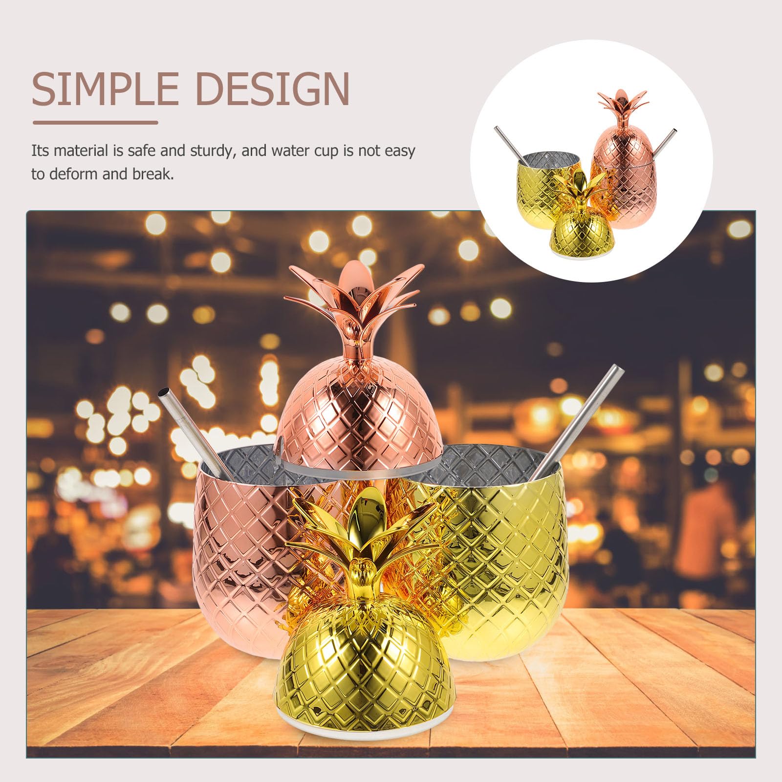 Healvian Gobelet ananas avec paille 450 ml Verre à cocktail tropical en acier inoxydable pour fête de plage Bar et maison 450 ml Gobelet créatif pour boissons froides
