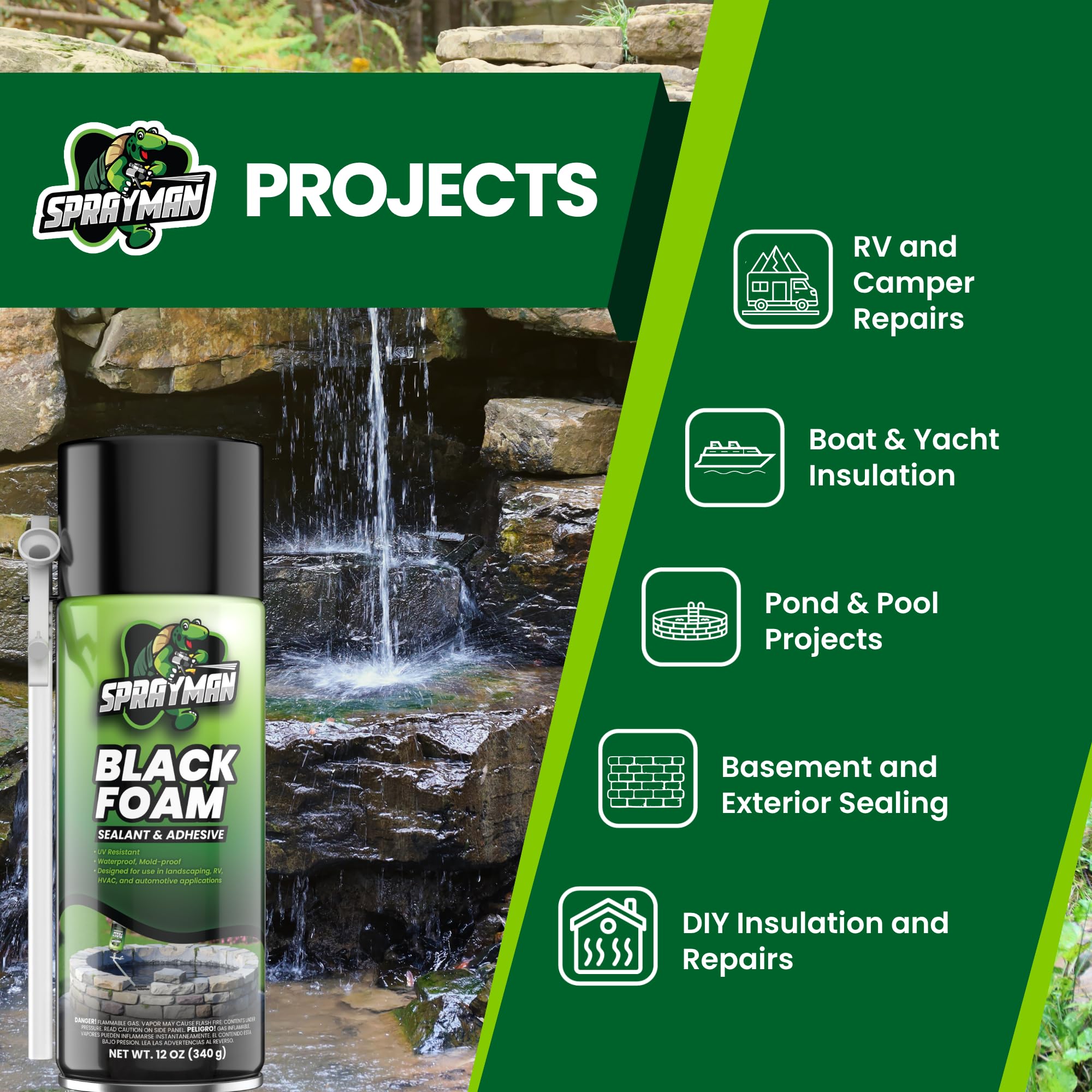 Black Waterfall Foam Sealant - 1x12oz Expanding Polyurethane Pond Foam Sealer UV Resistant Water Proof Spray for Landscape & Exterior Straw Use 1 Pack product thumbnail 5