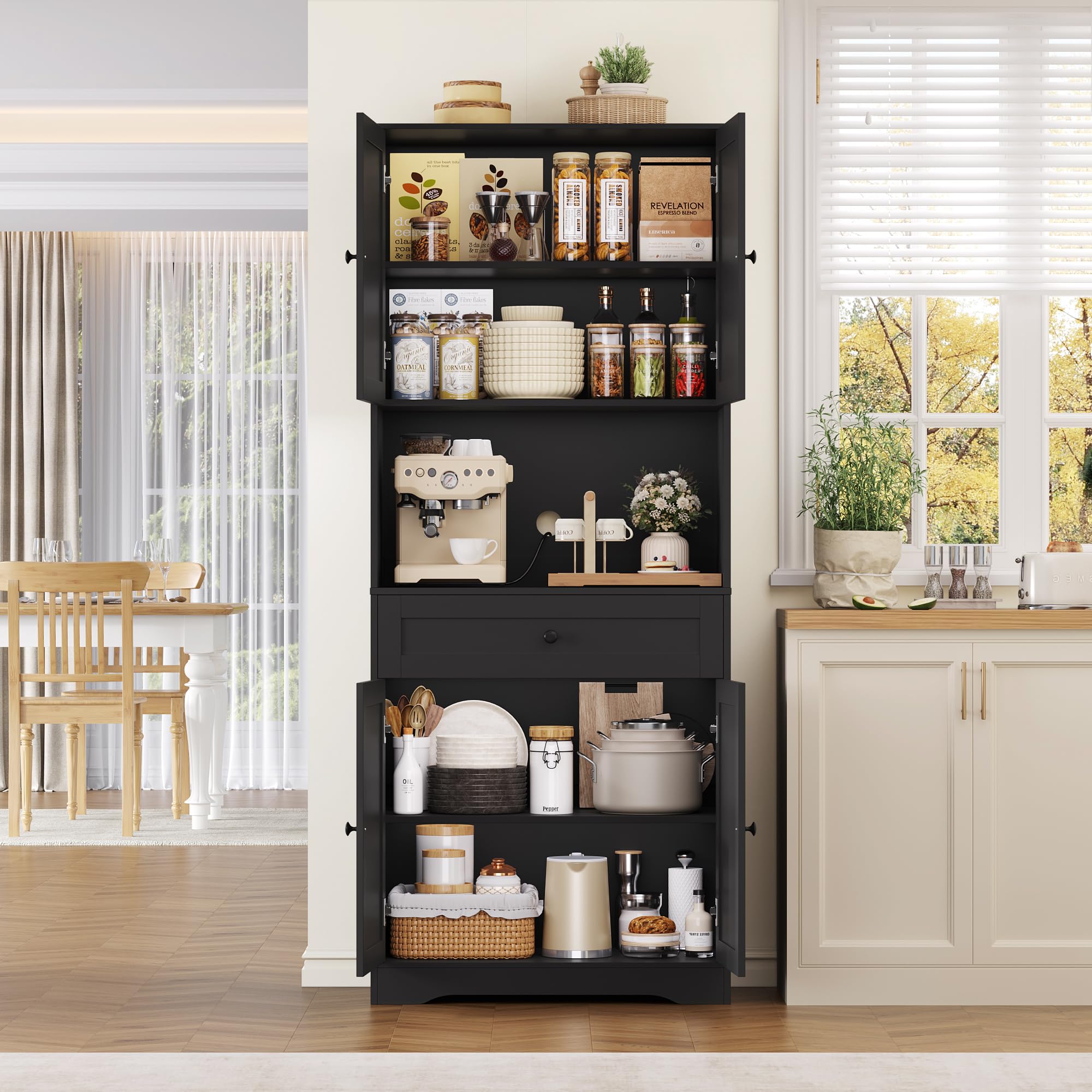 FOREHILL Credenza Cucina Alta 180CM, Mobile Dispensa Cucina con 4 Ante, Credenza Alta con Ripiani Regolabili e Grande Cassetto, Per Cucina, Bagno, Soggiorno, 75x40x180cm (Nero)