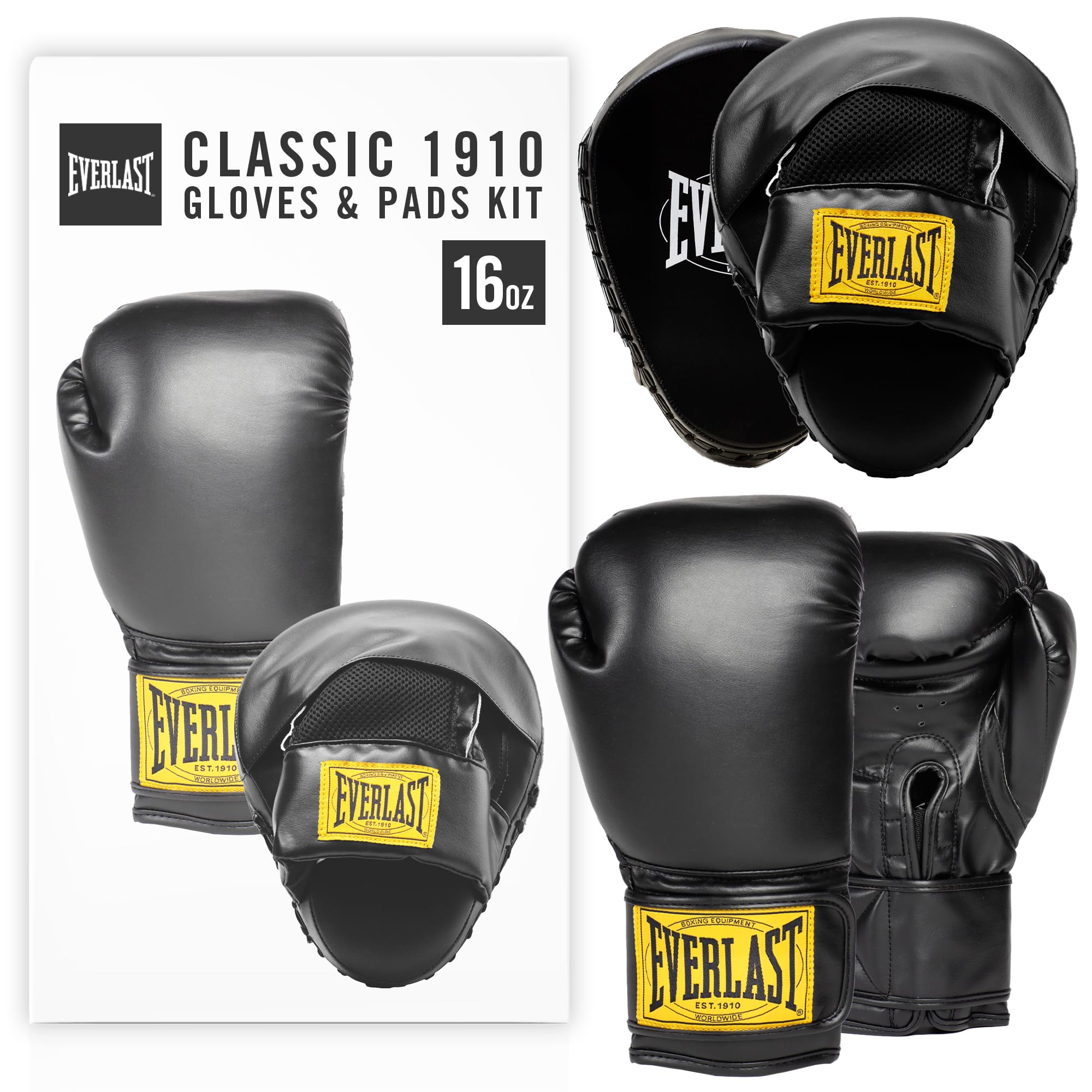Everlast 1910 Classic Training 16oz Boxing Gloves and Focus Mitts (Black) Hook & Loop Synthetic Leather Boxing Gloves for Bags & Work, Protective and Comfortable Equipment - Authentic Everlast Gear