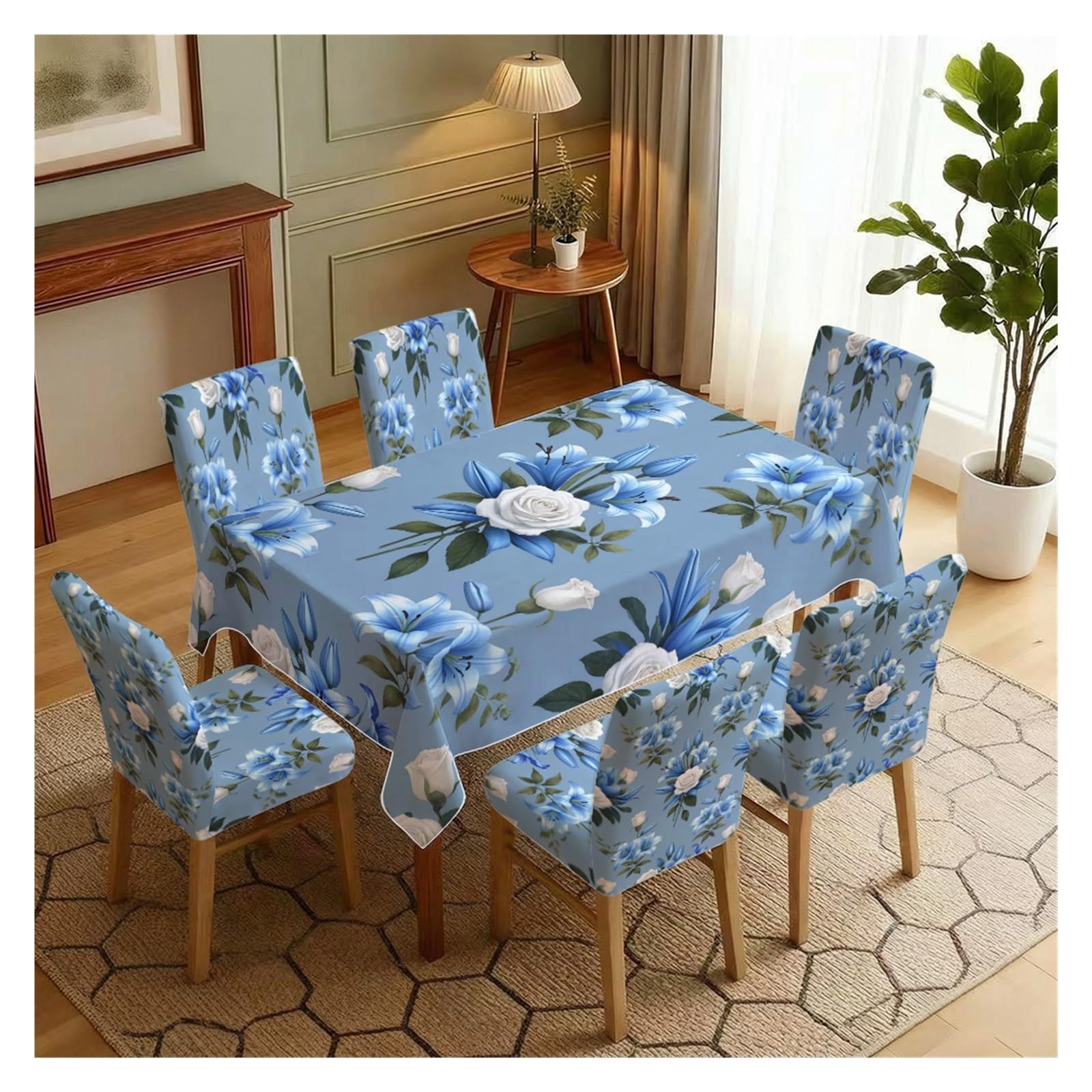KXUAUV Blue Lily Floral Print Stretch Dining Chair Covers Tablecloth Set, For Kitchen Dining Living Room Farmhouse Decor, 5/7 Pack Party Decor(7pcs Set: Tablecloth+Chair Covers)