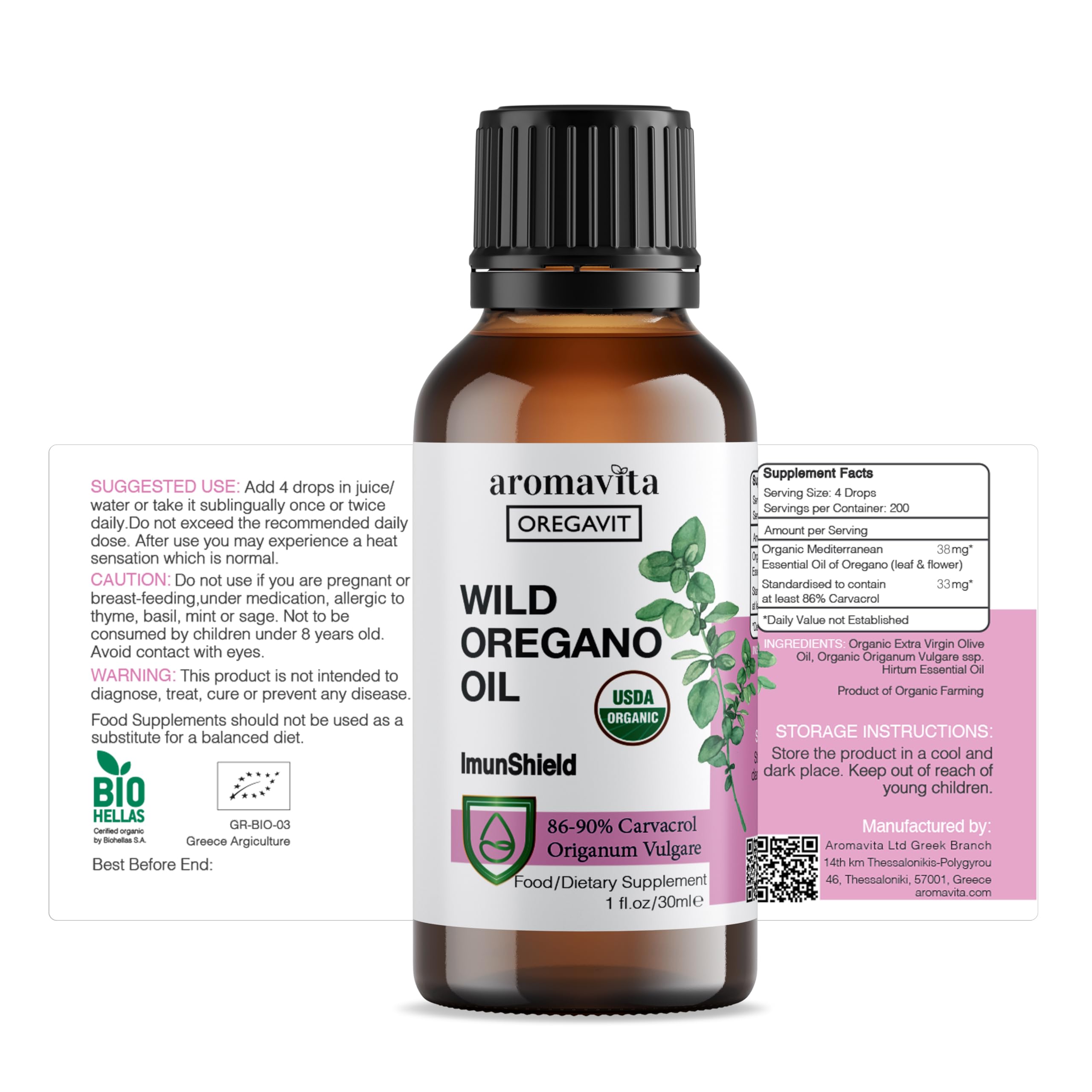 ImunShield - Integratore di olio di origano greco selvatico, raccolto a mano, 86-90% di carvacrolo per un supporto immunitario e digestivo avanzato, biologico, vegano, non OGM, senza glutine, 30 ml