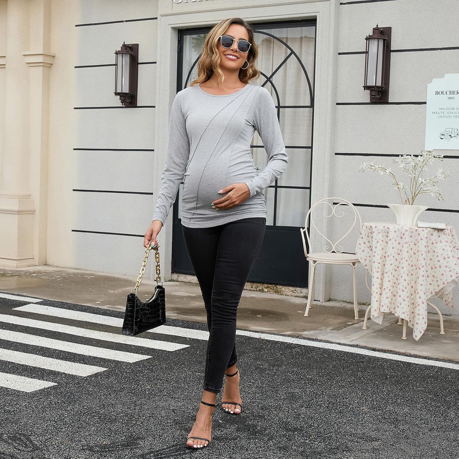 DEBELLY Maternity Long Sleeve Shirt Pleated Crew Neck Pregnancy Top for Women Side Ruched Work Lounge - Image 4