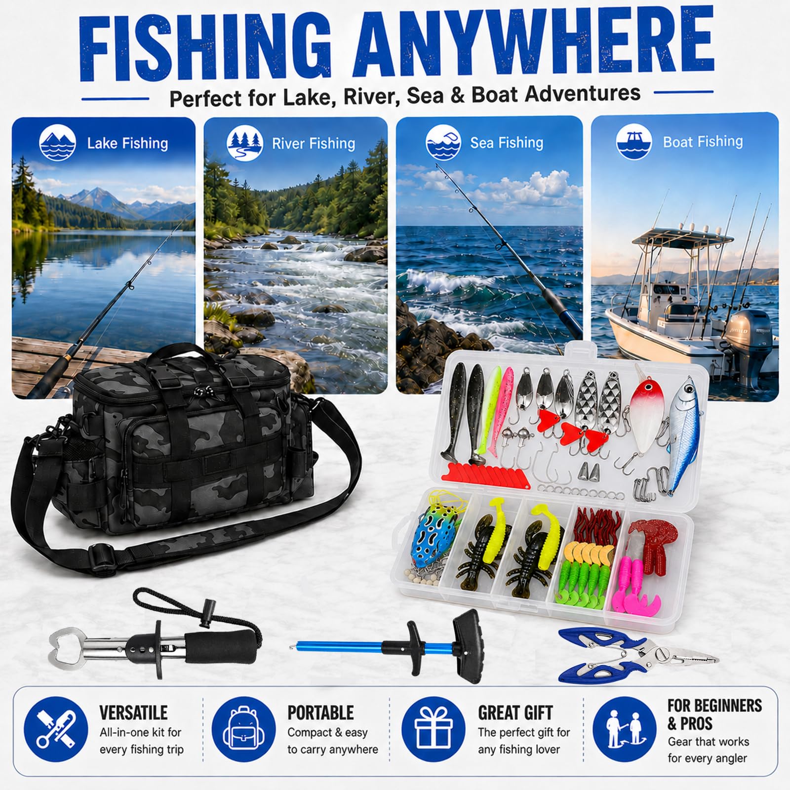 QKTYB Kit Pesca Completo 111 Pezzi con Borsa da Pesca, 107 Esche Artificiali e Accessori, Pinza da Pesca, Slamatore, Pinza Blocca Pesce, Set Pesca per Luccio Persico Trota