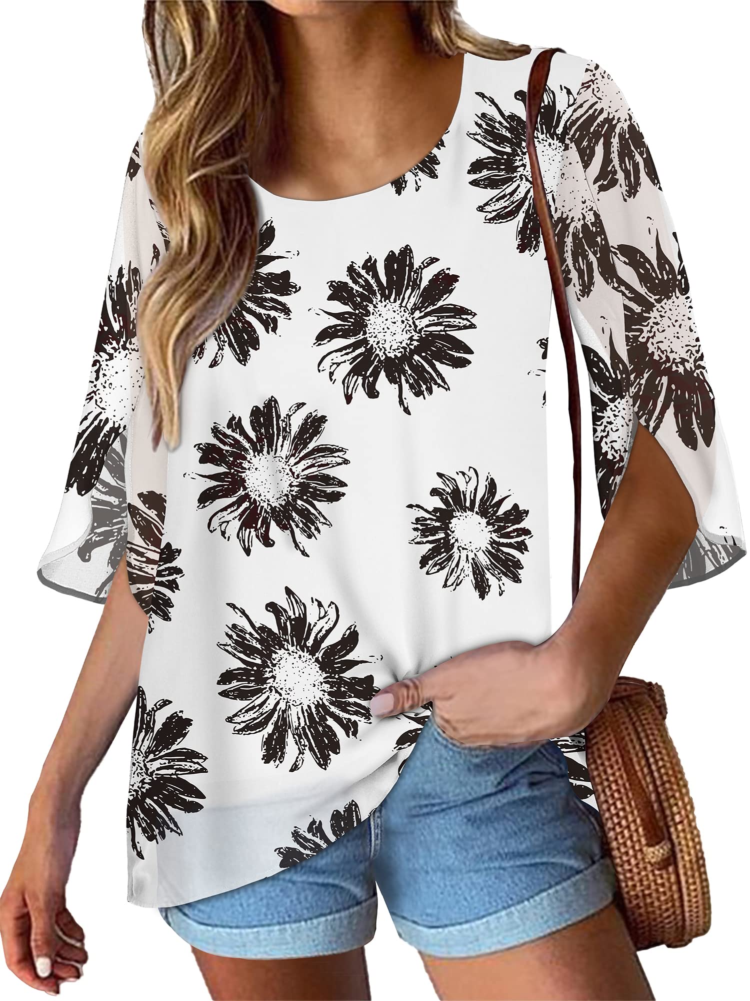 CHICGALWomens Tops Dressy Casual Summer Chiffon Blouse 3/4 Sleeve Loose Mesh Tunic Shirts