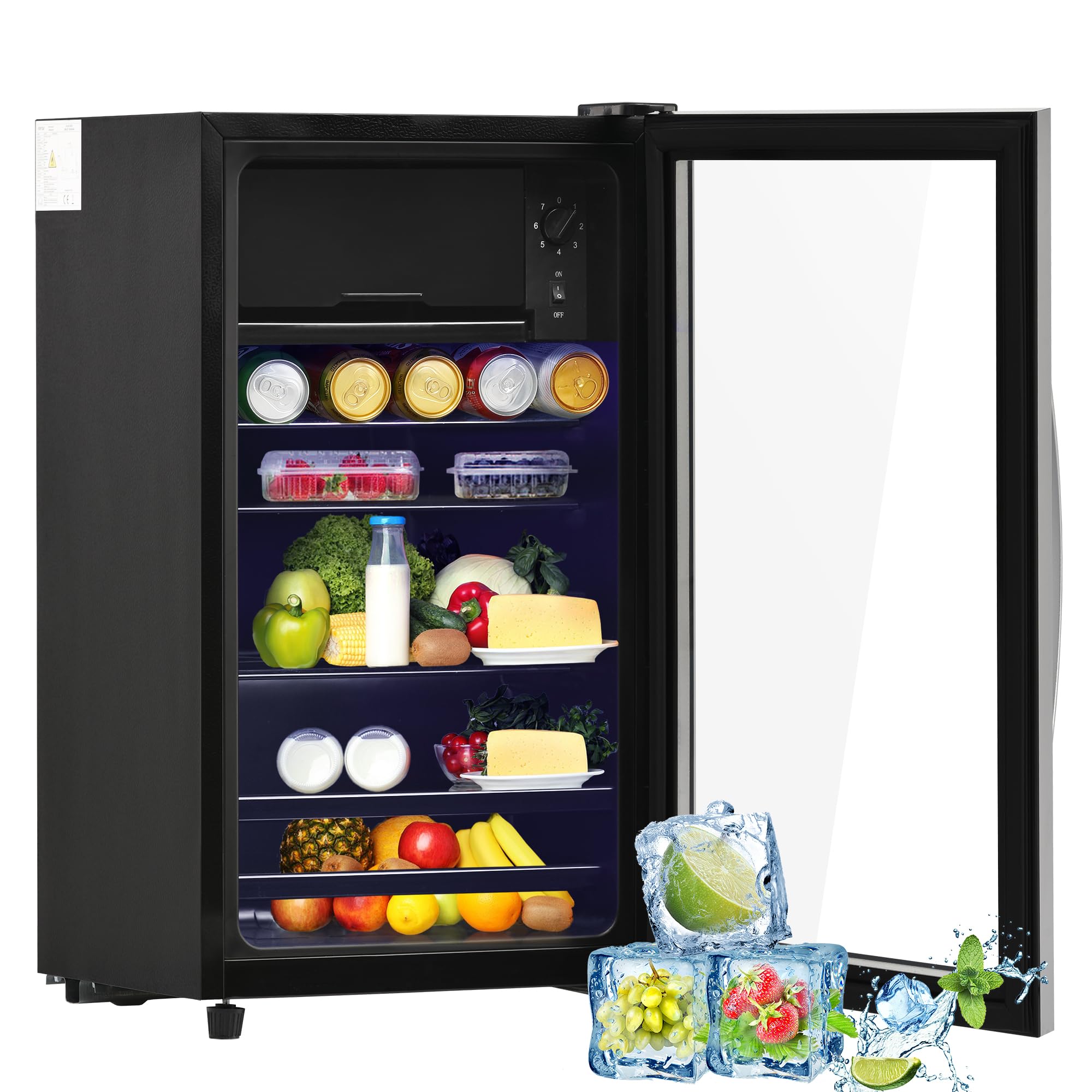 Merax Frigorífico Mini 76L, Freestanding Enfriador de bebidas con refrigerador de 70L + congelador de 6L, con iluminación interior LED y estantes ajustables, súper silencioso para restaurante bar