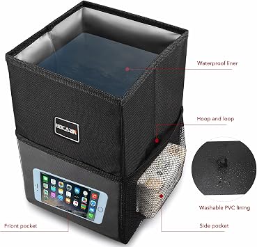 Car Trash Bin with Lid - Trash Bag Hanging with Storage Pockets Leak-Proof Car Organizer Collapsible and Portable Waterproof Garbage Bin, 10L Large Capacity Multipurpose Bin