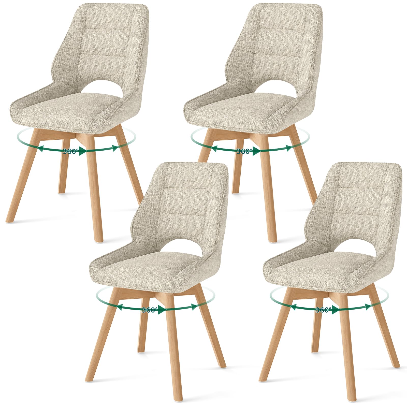 WAFTING Sillas de Comedor con Patas de Madera, Juego de 4, giratorias 360°, sillas de Comedor con reposabrazos Bajos, Silla con Patas de Haya, Ideal para el Comedor y la Cocina, Color Caqui