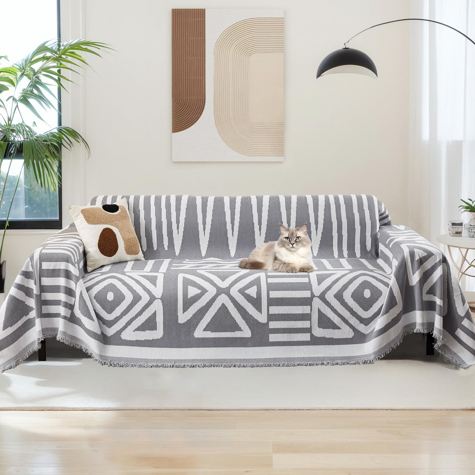MIFXIN Chenille Reversible Sofa Slipcover for Corner Sofa, Solid Sofa Cover for 2 3 4 Seater L-Shaped Sofa Cover, Sofa CoverPet for Proof & Machine Washable (With Tassels) (Light Gray, 180 * 380) — image 1