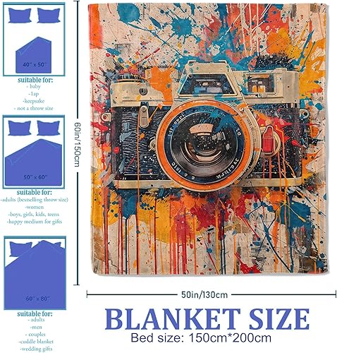 Miniatura 2 de Manta retro con cámara para mujeres, niñas y niños, manta de franela suave, regalos para sala de estar, sofá, hogar, decoración de sofá, 50 x 60