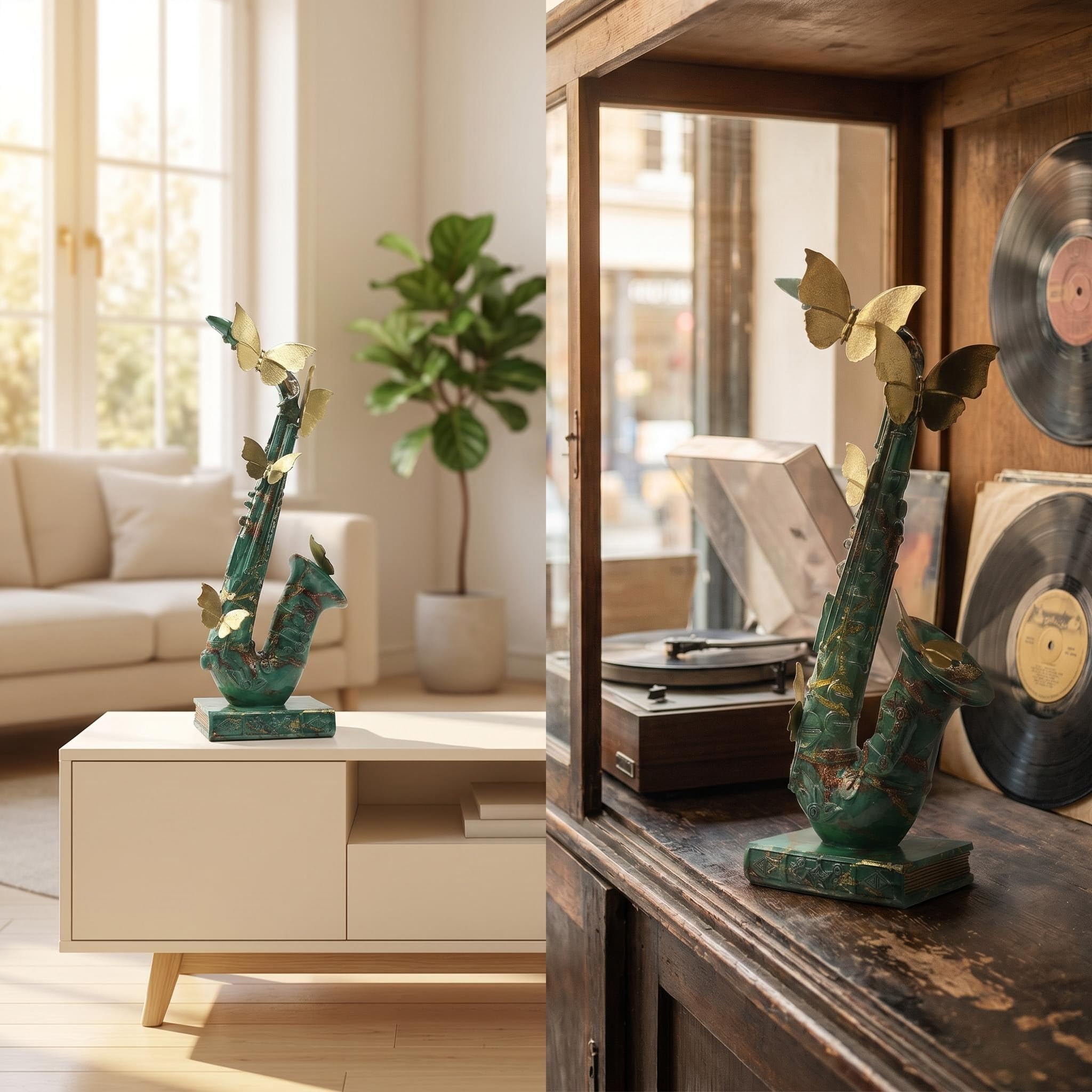 Statua di sassofono verde con farfalle dorate, ornamento decorativo a tema musicale per ufficio soggiorno, regalo per musicisti