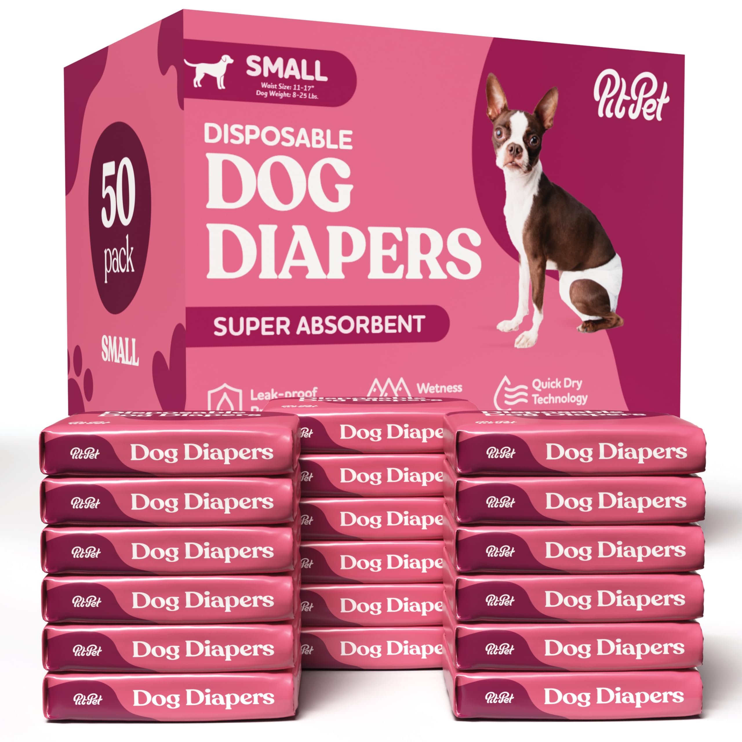 Comfortable Female Dog Diapers - 50-Pack Super Absorbent Disposable Doggie Diapers - FlashDry Gel Technology &amp; Wetness Indicator - Leakproof Diapers for Dogs in Heat, Excitable Urination, Incontinence