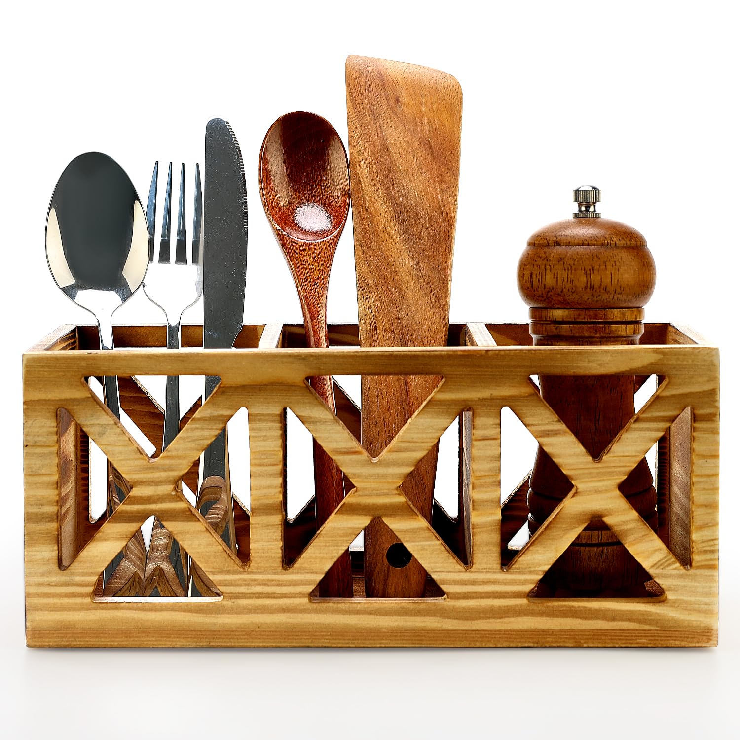 Wooden Cutlery Silverware Holder Flatware Caddy Wood Utensil Organizer for Kitchen Counter Decor Small Silverware Countertop Spoon and Fork Holder