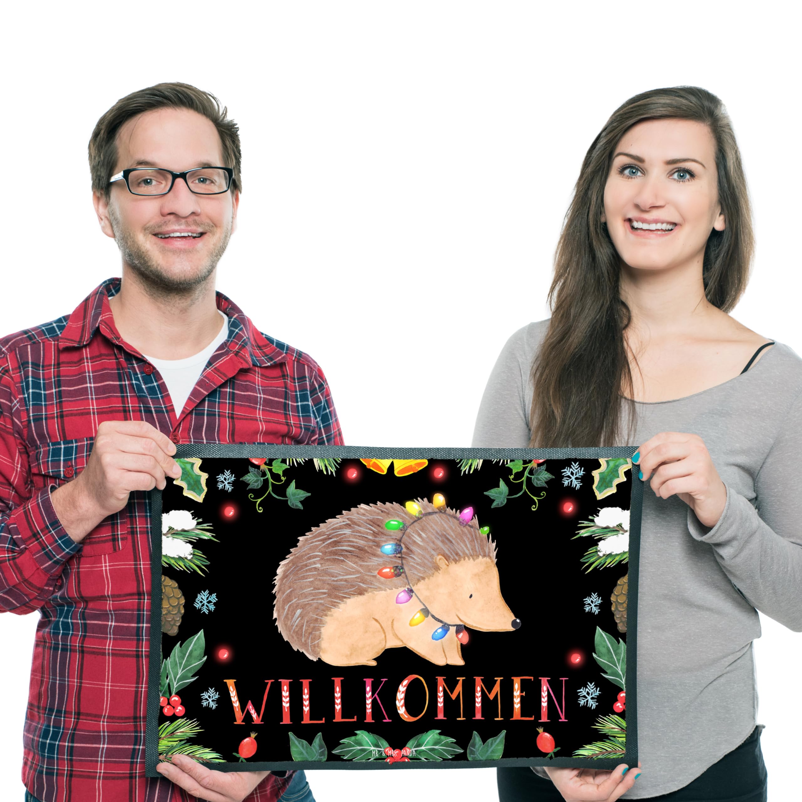 Mr. & Mrs. Panda 50 x 75 cm Fußmatte Igel Lichterkette - Geschenk, Heiligabend, Haustürmatte, Advent, Wintermotiv, Fußabstreifer, Weihnachtsdeko,