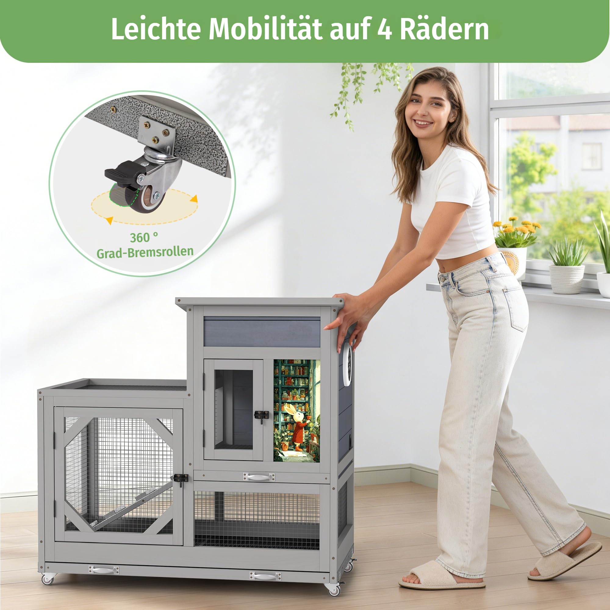 Kaninchenstall mit Freilaufgehege, 2-stöckig mit Rollen, großer Schublade, wasserdichtem Asphalt-Dach - Holzgehege für Kaninchen draußen & innen, Meerschweinchen