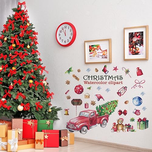 Miniatura 1 de 33 calcomanías de pared de feliz Navidad calcomanías de pared de camión rojo de granja con árboles de Navidad calcomanías de pared para niños sala