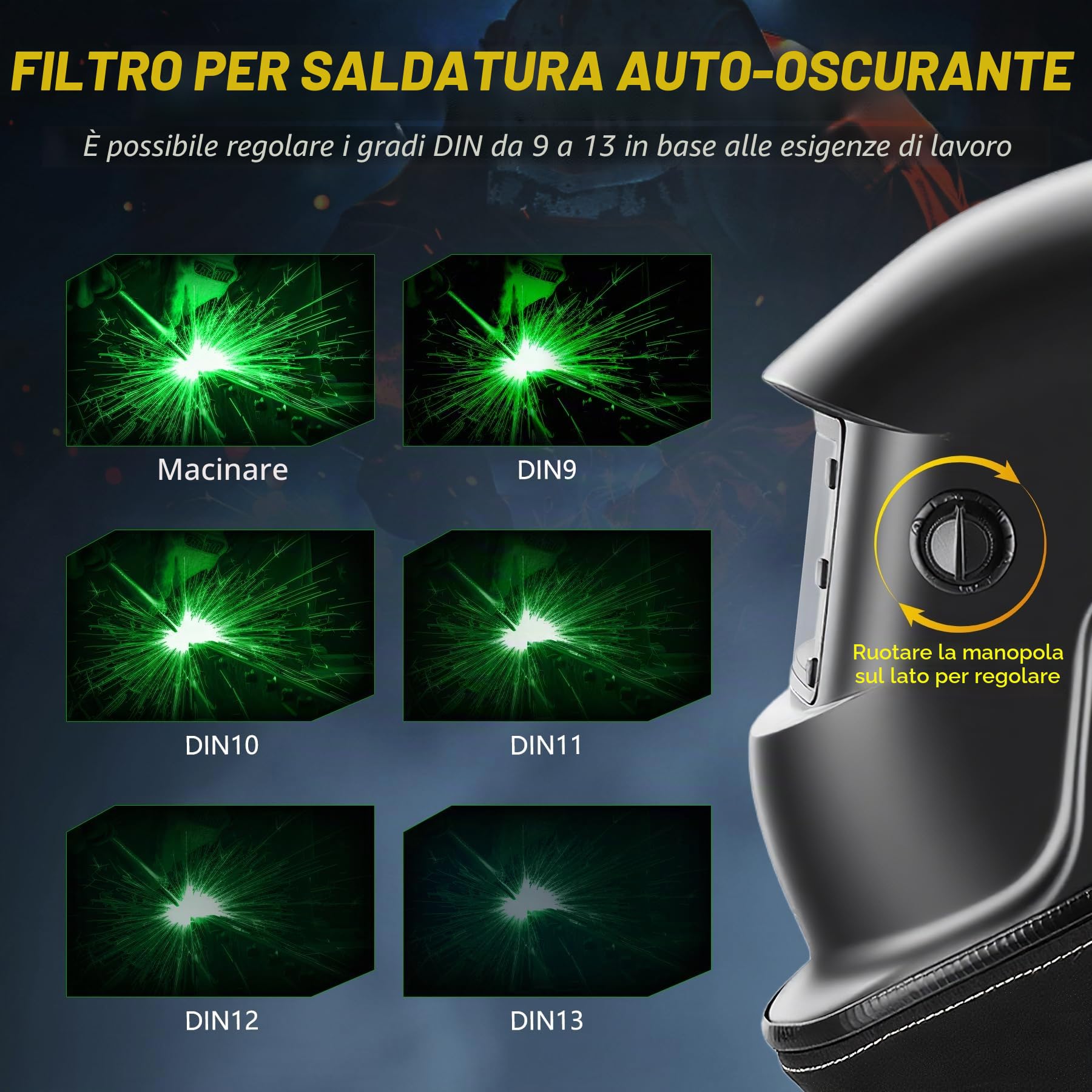 Maschera per saldatura, oscurante automatico, batteria sostituibile, con 2 pellicole protettive + guanti da sudore + protezione per il collo in vera pelle, tinta regolabile 9-13 per ARC Cut