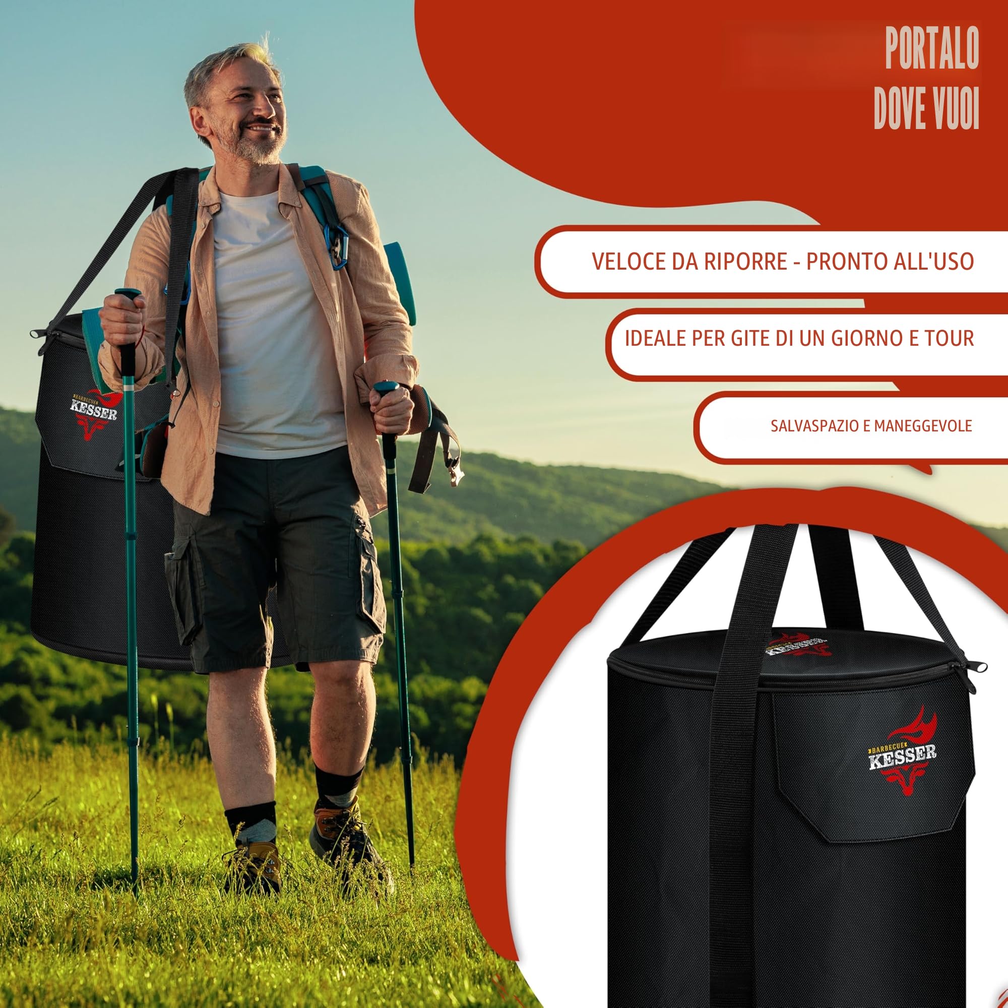 KESSER® Forno a razzo con padella in ghisa, piastra per barbecue, pinza per barbecue e borsa per il trasporto | Dutch Oven BBQ Razzo, forno a legna da campeggio, per esterni, in acciaio inox, nero