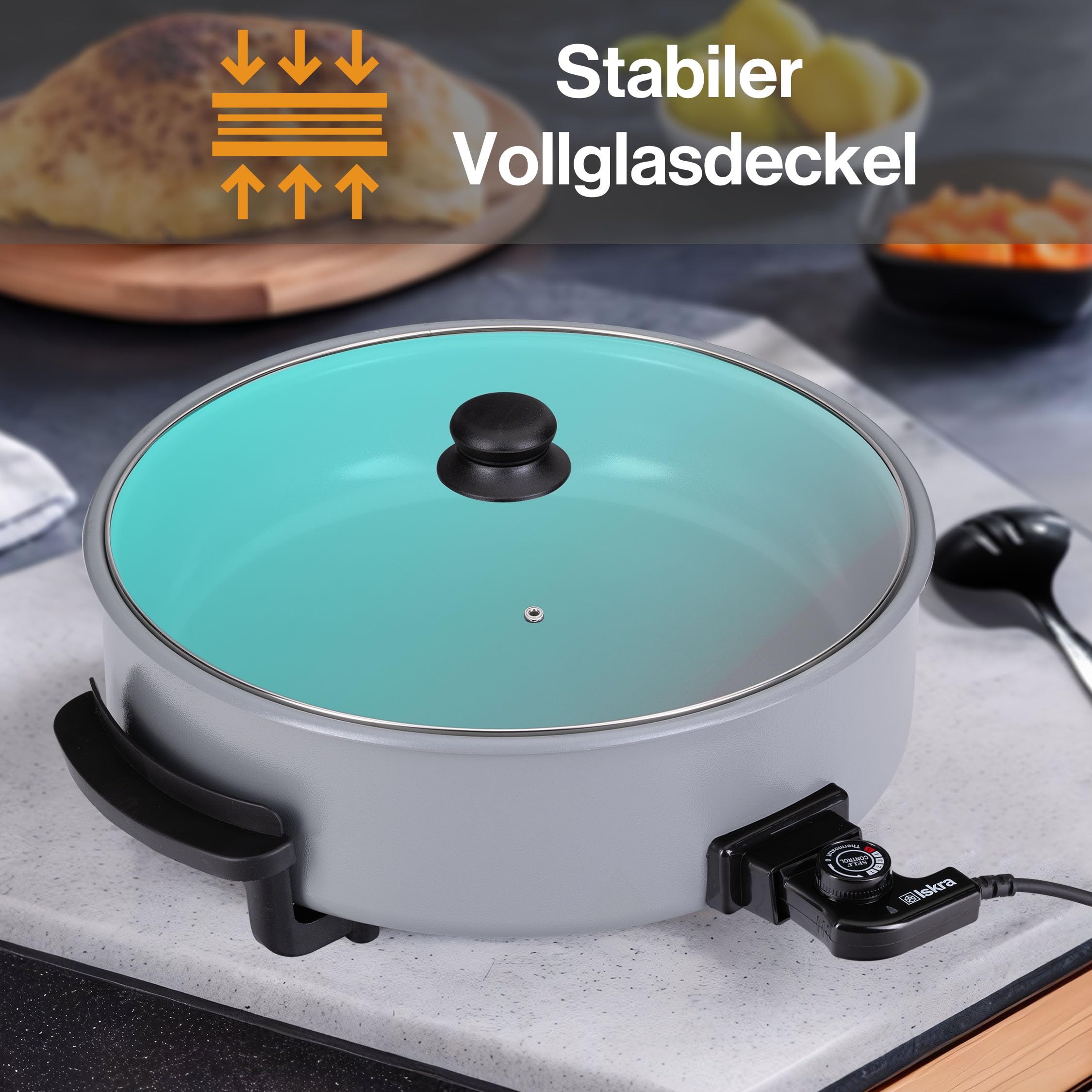 Iskra große elektrische Partypfanne mit Deckel, Keramik Beschichtung, 40 cm x 9 cm