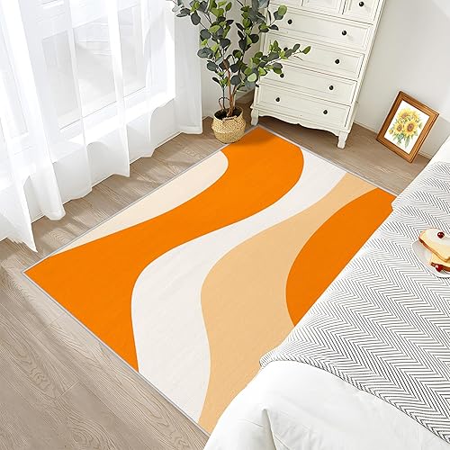 Miniatura 3 de Alfombras lavables de 4 x 5 pies, bohemio, minimalista, naranja, blanco, 70, abstracto, retro, alfombra para sala de estar, alfombra antideslizante