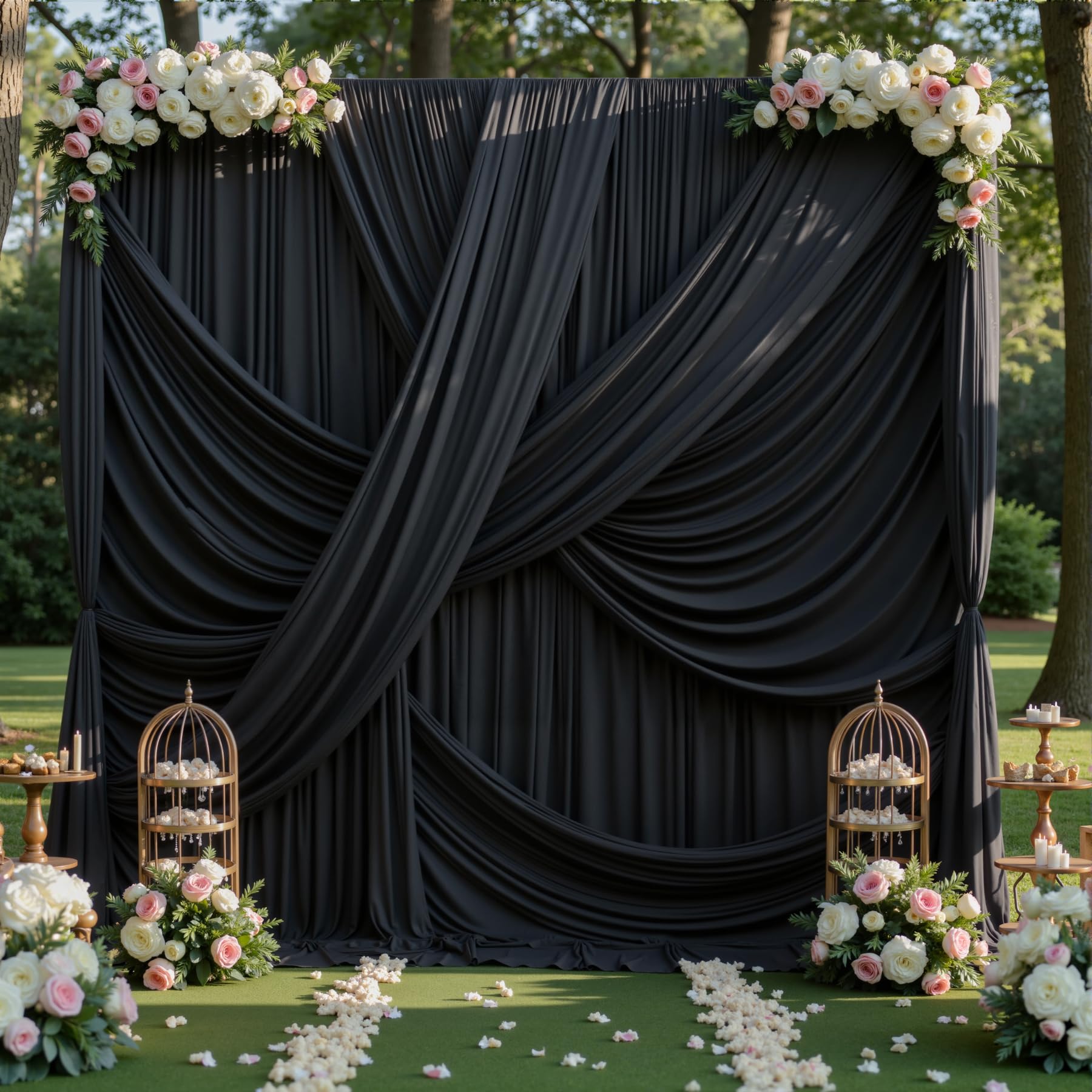 60ft×12ft Black Backdrop Curtain for Wedding Parties, 12 Panels Wrinkle Free Polyester Photo Backdrop Drapes Back Drop Cloth for Birthday Photography