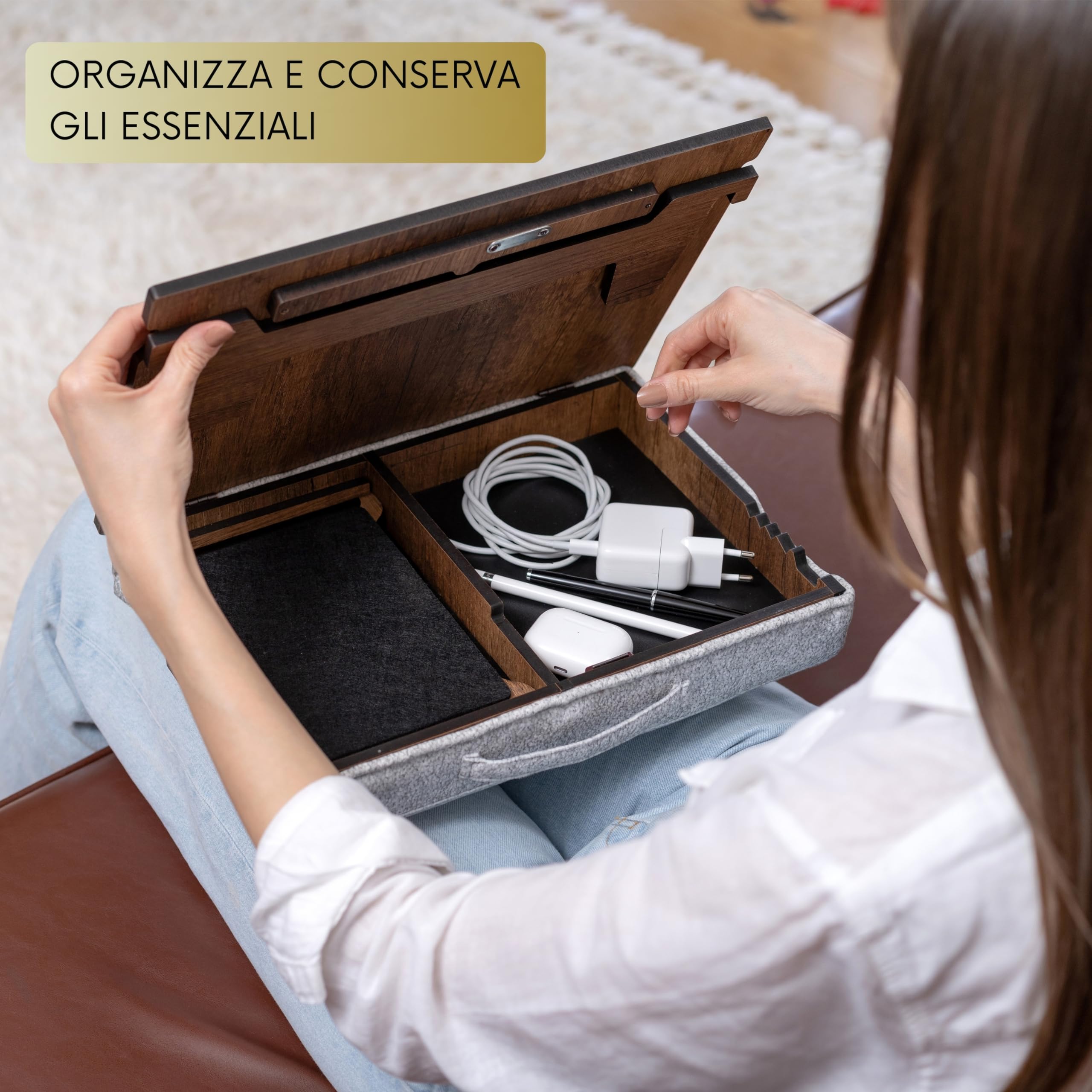 Vassoio Portatile in Legno Vigo - Accessori per PC e Smart Working con Altezza Regolabile - Ideale per Lavoro da Casa, Divano, Letto (Noce)