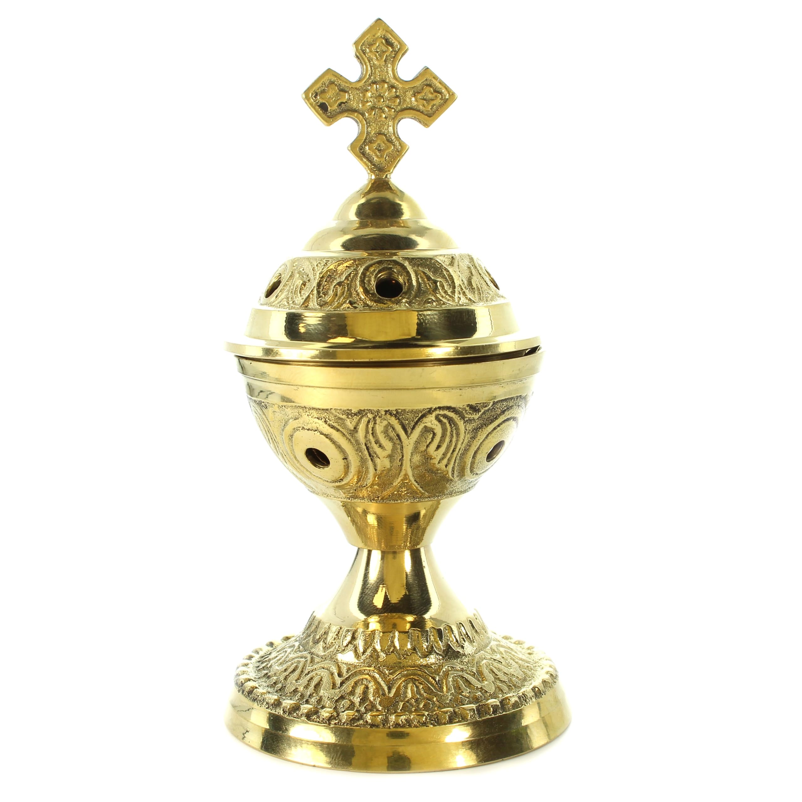 Palais Du Rosaire Gold Brass Incense Burner With Cross And Handle 13 Cm – Religious Incense – Brass Christian Worship