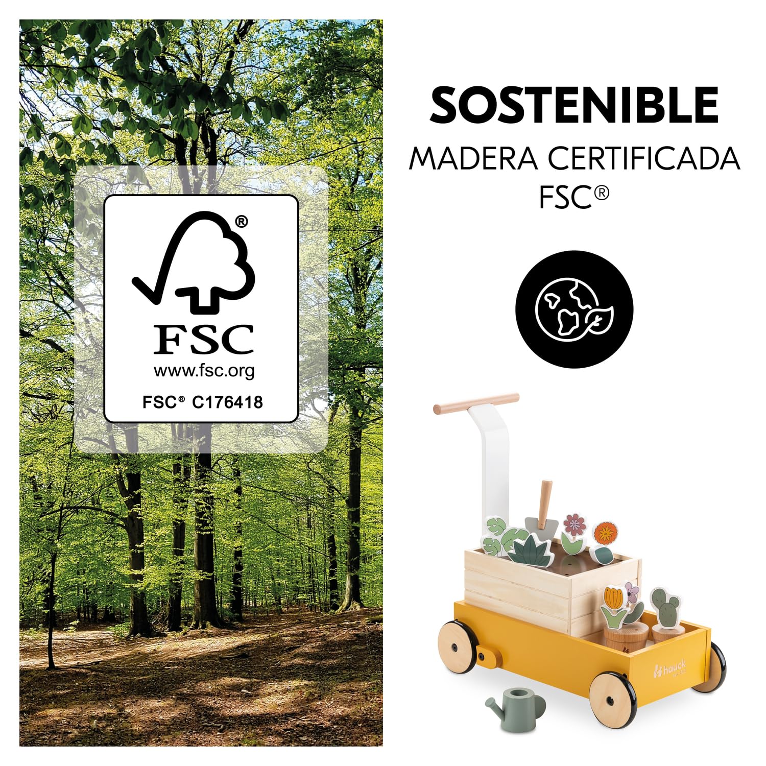 hauck Carrito Andador Bebé Learn to Walk Plants | Correpasillos Apto desde 1 Año con Freno - Juguete de Madera Certificada FSC® con Accesorios - Juego Educativo y Creativo