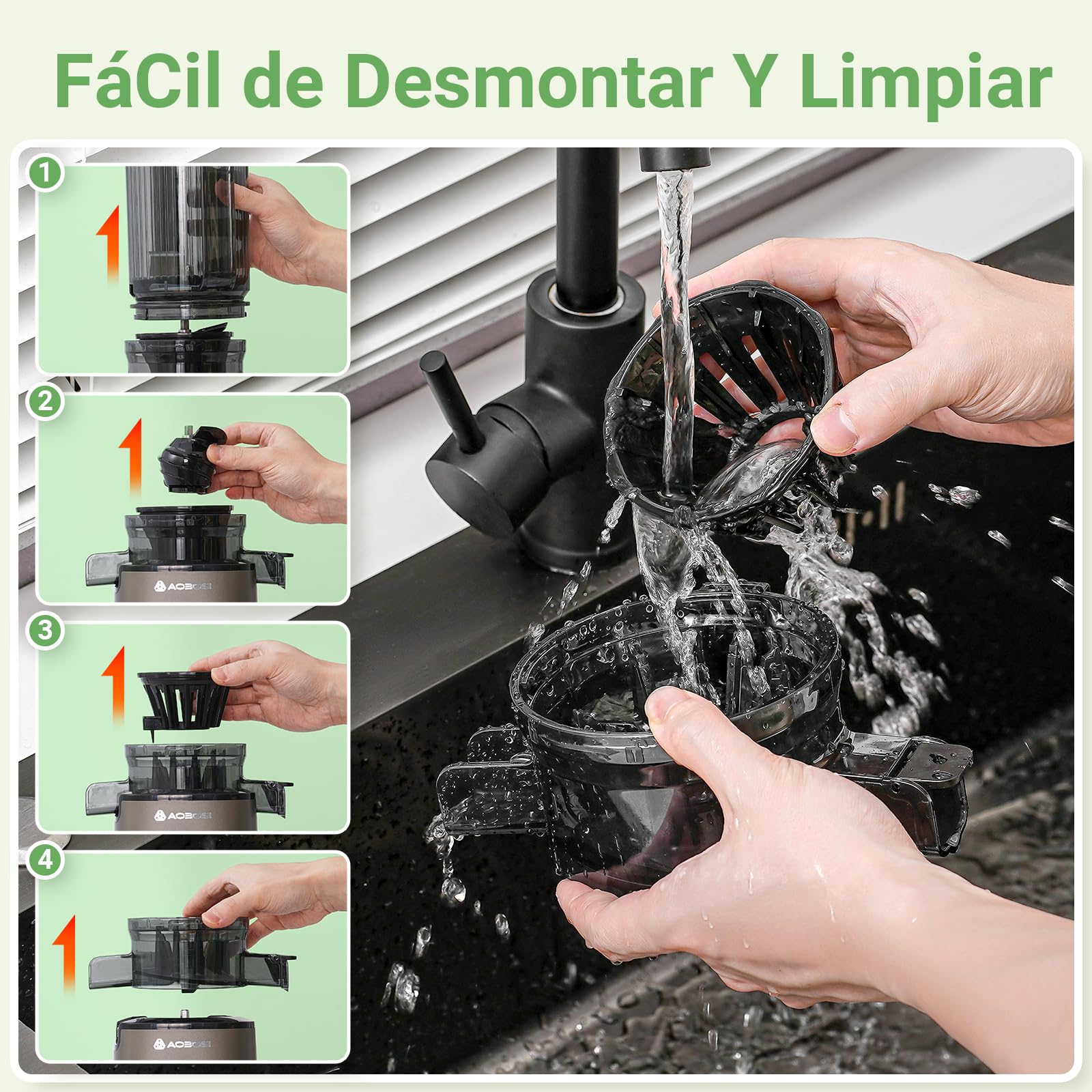 AAOBOSI Extractor de Zumos y Verduras, Slow Juicer 110MM de Gran Apertur, Fácil De Limpiar, con función de masticación inversa, sin BPA, Apto para Frutas y Verduras, Con 2 Tazas y Cepillo