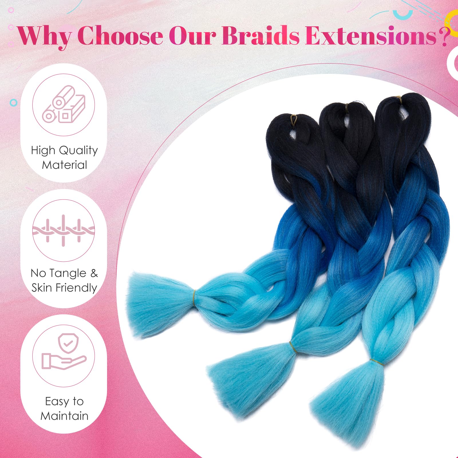 Benehair Braid Extensions 24 Inches Ombre Jumbo Braiding Hair Colorful Synthetic Hair Extensions for Braiding Hair Extensions for Women(Black/Blue/Sky Blue - Image 4