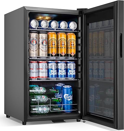 Refrigerador de bebidas, 17 pulgadas, 120 latas, mini refrigerador independiente con puerta de vidrio, estantes ajustables y luz LED, nevera pequeña