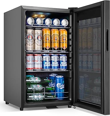 Beverage Refrigerator Cooler, 17 Inch 120 Cans Freestanding Mini Fridge with Glass Door, Adjustable Shelves and LED Light, Small Drink Fridge Counter-top Beer Fridge for Bedroom Office Bar