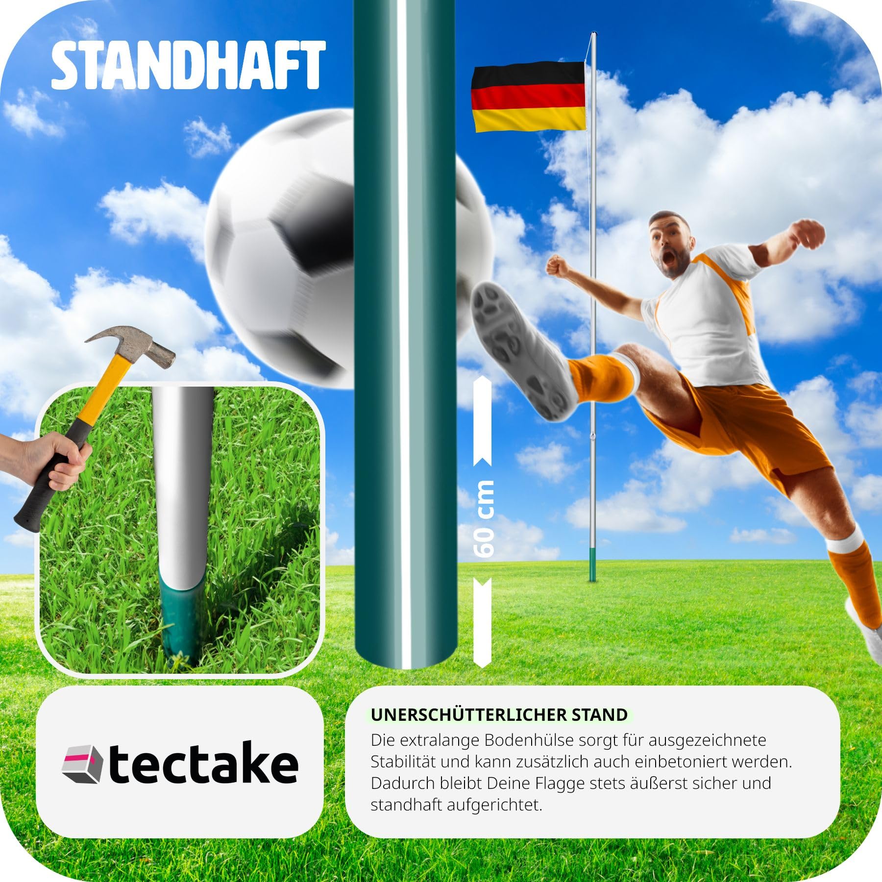 tectake Fahnenmast aus Aluminium, Teleskop Fahnenstange Set mit Flagge, Bodenhülsen, Seilzug, höhenverstellbar bis zu 6,50 m - ideal für Balkon, Garten, Festival und Camping - Deutschland