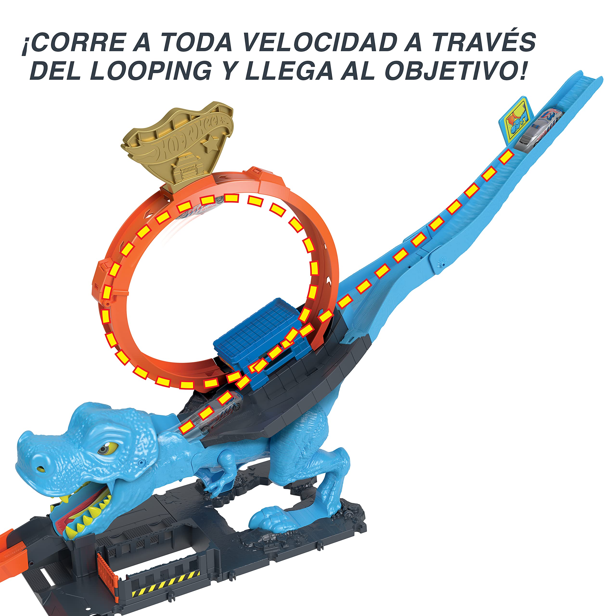 Hot Wheels City Desafío del T-Rex Pista para Coches de Juguete con Lanzador, Incluye 1 vehículo, +5 años (Mattel HNP77)