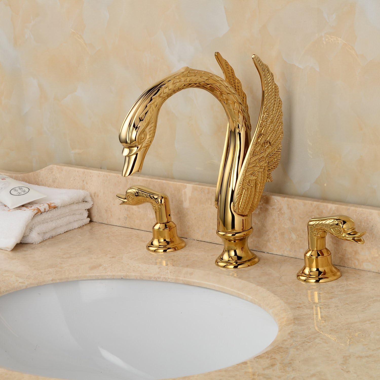 Golden Black Ornate Swan Style Bathroom Sink Faucet Combo Deck Mount