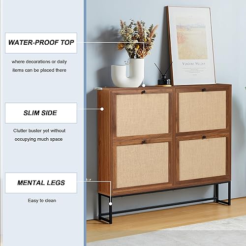 Miniatura 5 de Armario de zapatos con 4 cajones abatibles, organizador de zapatos independiente para entrada, pasillo, sala de estar (nogal - 4 niveles)