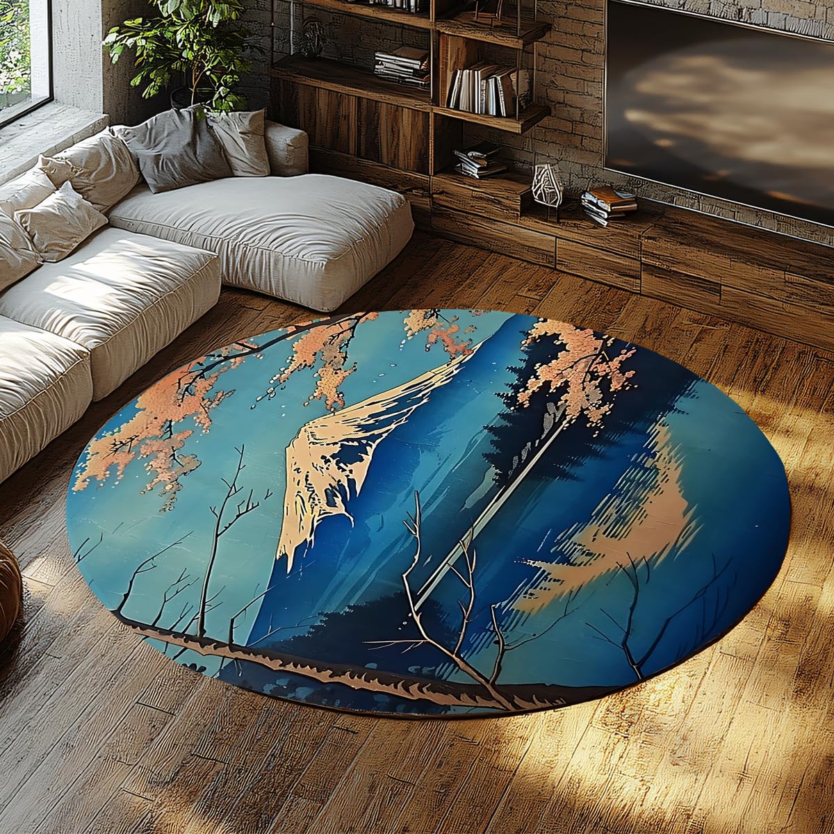 Tapis rond lavable 90cm style japonais mont Fuji et fleurs de cerisier