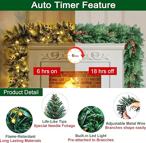 Miniatura 5 de Decoración navideña preiluminada de 9 pies con 100 luces  Guirnalda iluminada al aire libre para manto, escaleras, barandilla, árbol, chimenea