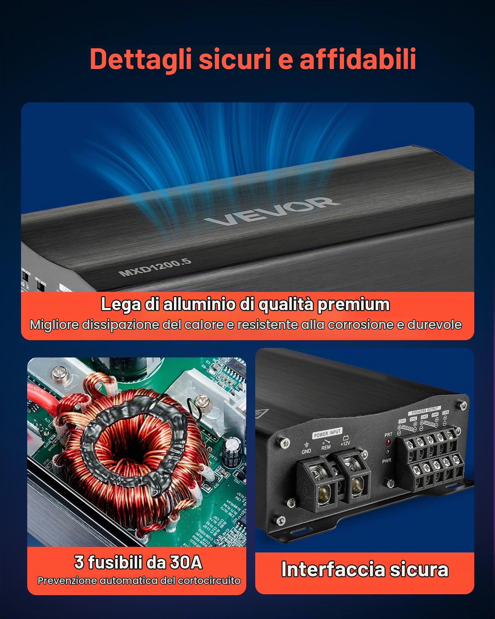 VEVOR Amplificatore Audio per Auto a 5 Canali Potenza a Ponte di Classe D max. 4x100 W a 4 Ohm/4x 200 W a 2 Ohm+1x1000 W a 2 Ohm / 1x500 W a 4 Ohm, Amplificatore per Veicoli Multicanale