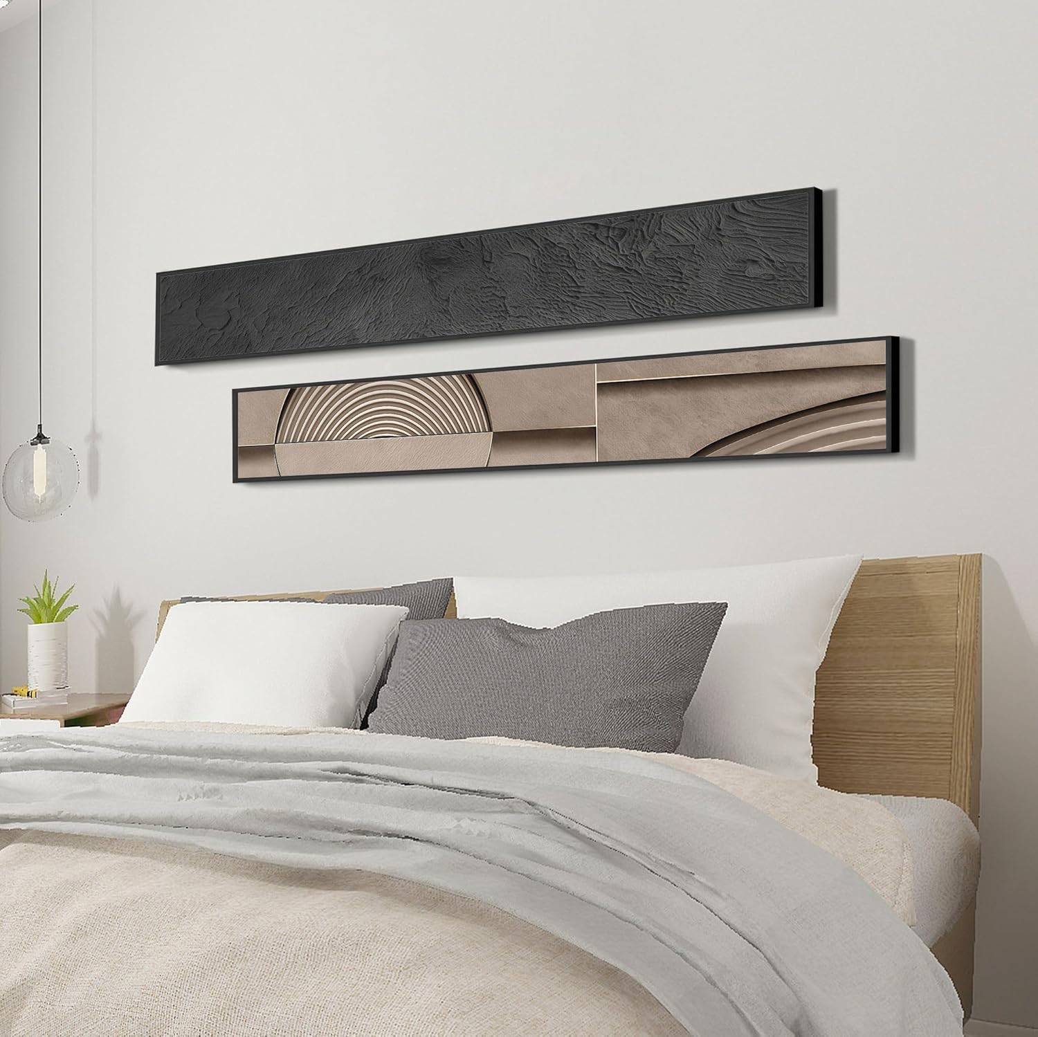 Large Framed Long Narrow Vertical Abstract Wall Art Set of 2, Premium Crystal Porcelain Canvas Prints, Beige Modern Design - Perfect for Entryway, Hallway, Living Room, Bedroom - 63x10 inch