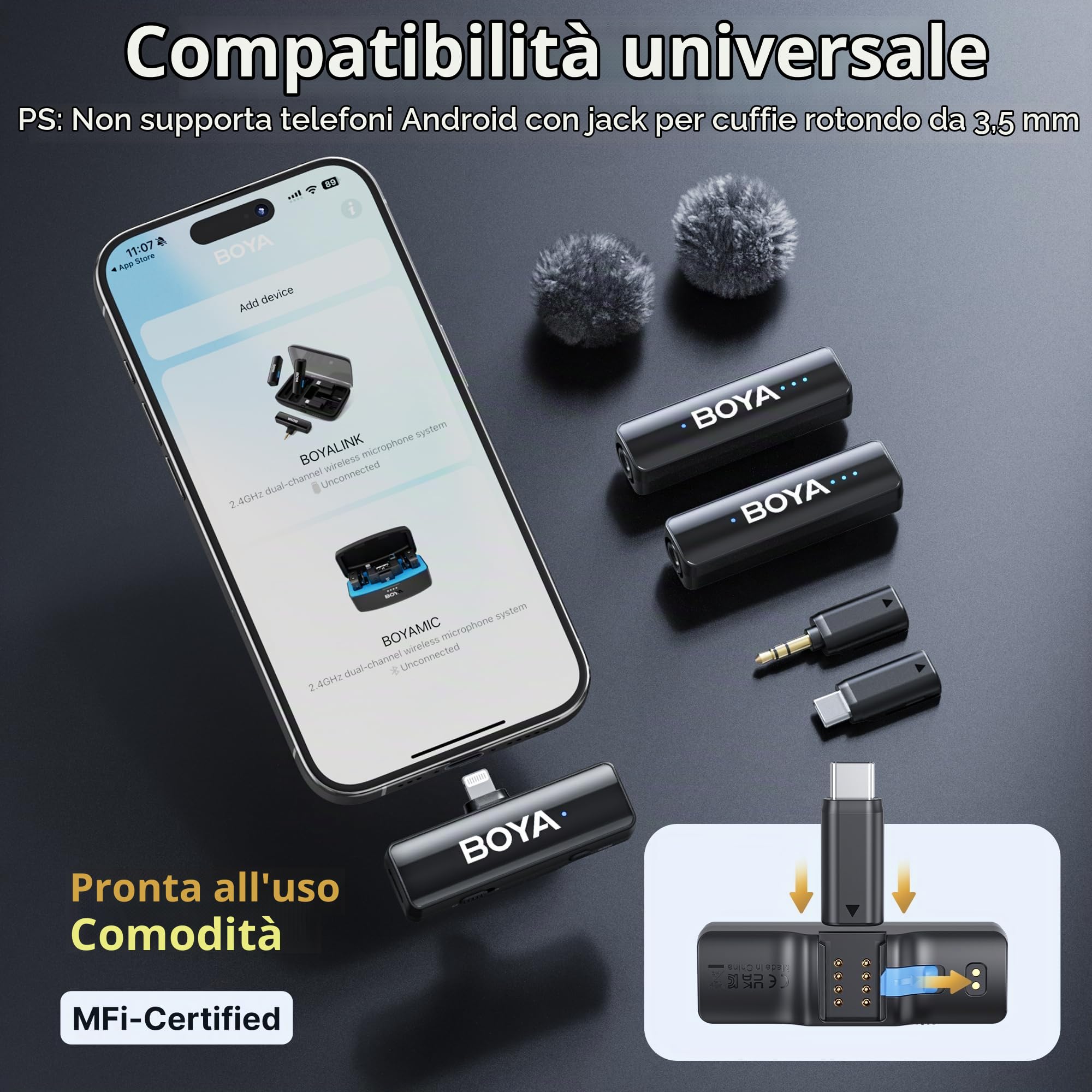 BOYA BOYALINK 2 A2 Microfono per iPhone Android Fotocamera, 48kHz 24Bit, 300m, Microfono Lavalier Wireless, Cancellazione Rumore, Mini Microfon, Microfono Clip, USB-C/Lightning/3,5mm TRS Plug, Vlog