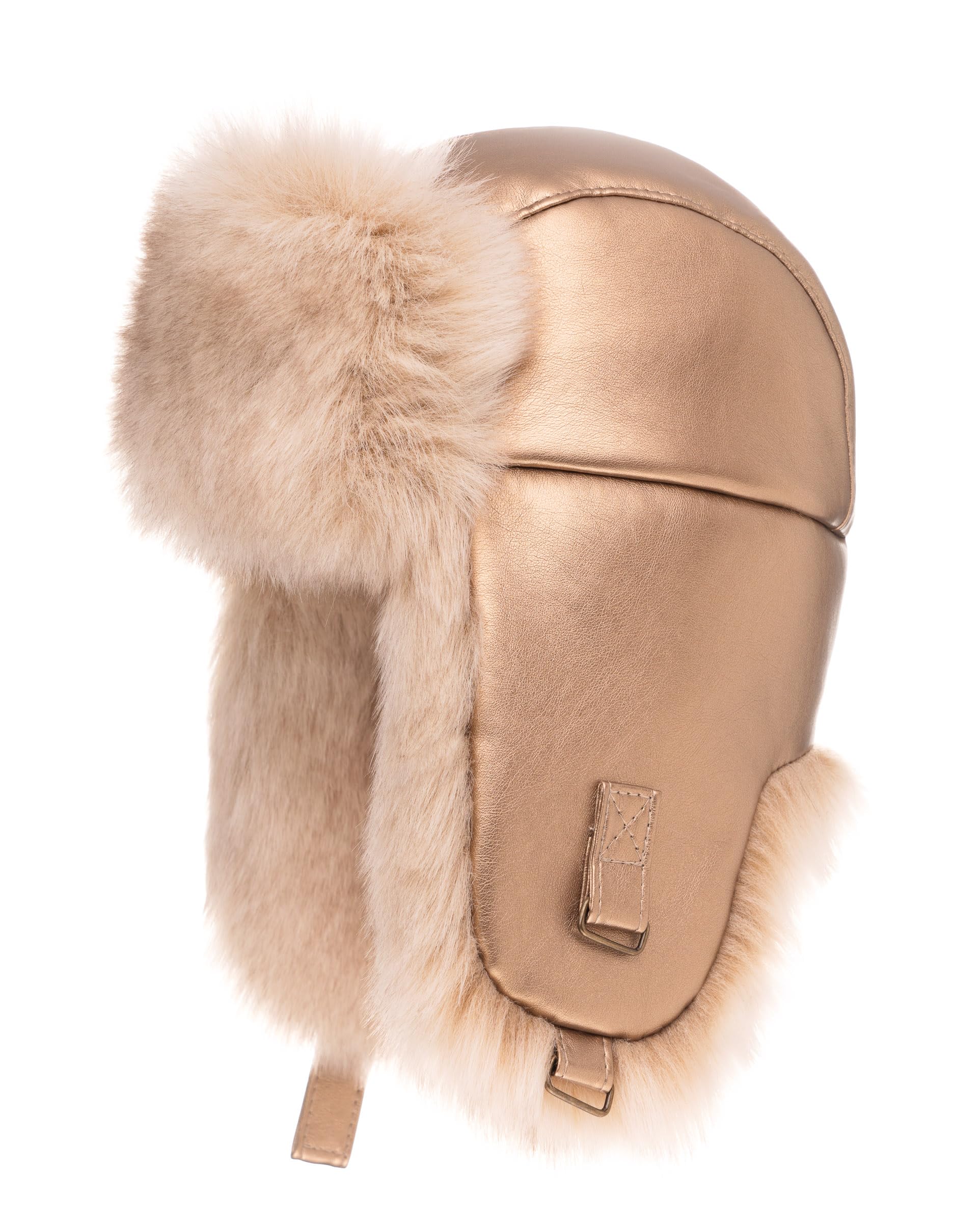 Futrzane Women's Gold - Gold Siberian Leather Trapper Hat - Russian Hats With Ear Flaps - Warm Ushanka (M, )