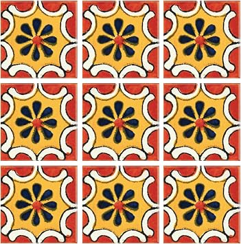 Talavera Tile Hand Painted 2"X2" Traditional Confeti Mexican Talavera 25 Psz Set Colorful Designs Original Ceramic Glazed Mosaic Tile for Home Projects Wall Decorative Pieces Terracota